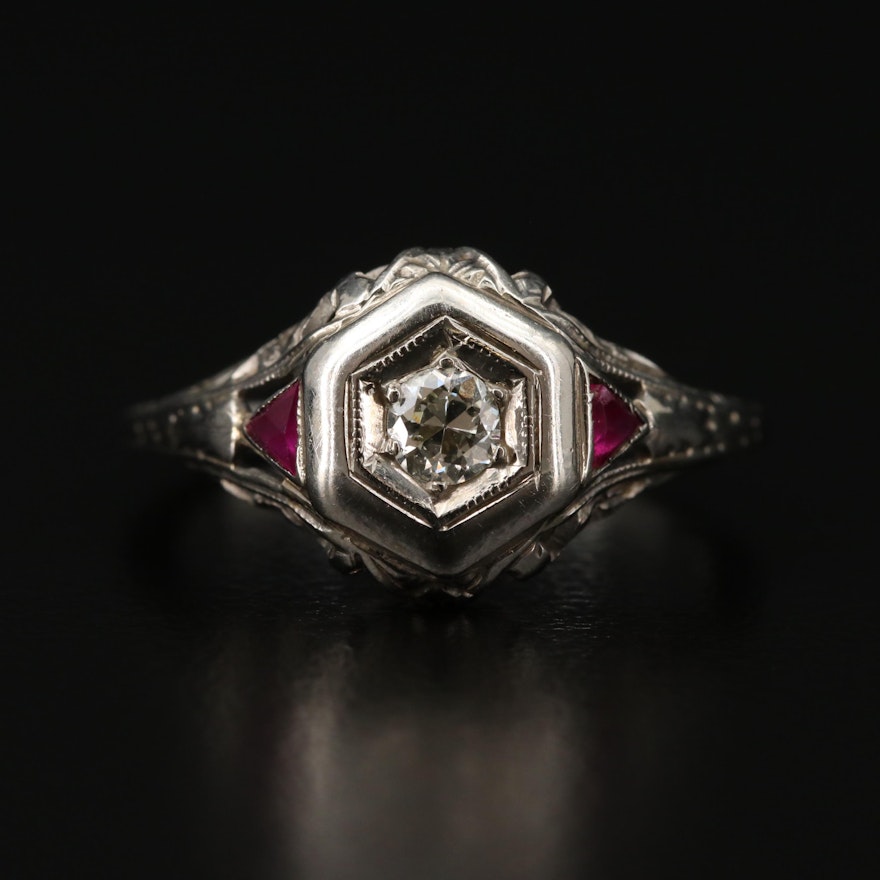 Art Deco 18K White Gold Diamond and Synthetic Ruby Ring