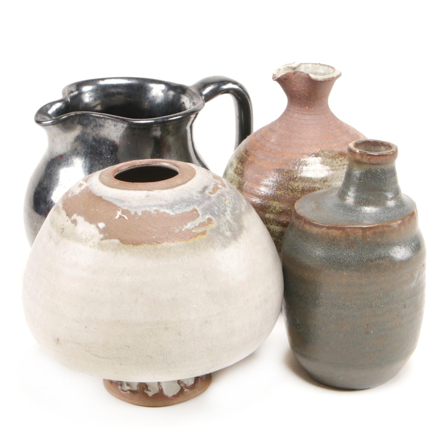 Bloomfield Pottery Metallic Glaze Pitcher with Other Studio Pottery Vases