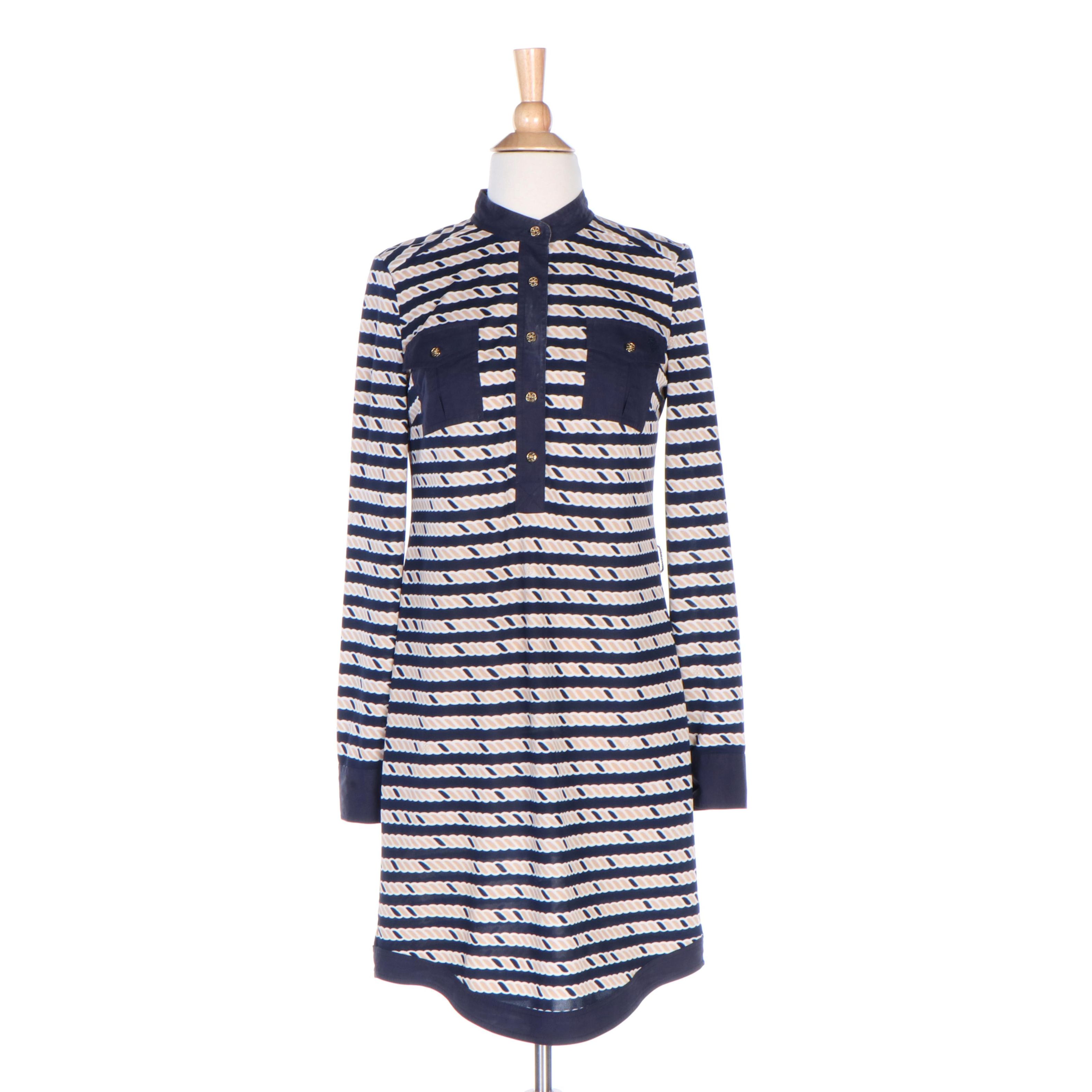 Tory Burch Rope Print Shift Dress with Navy Blue Trim