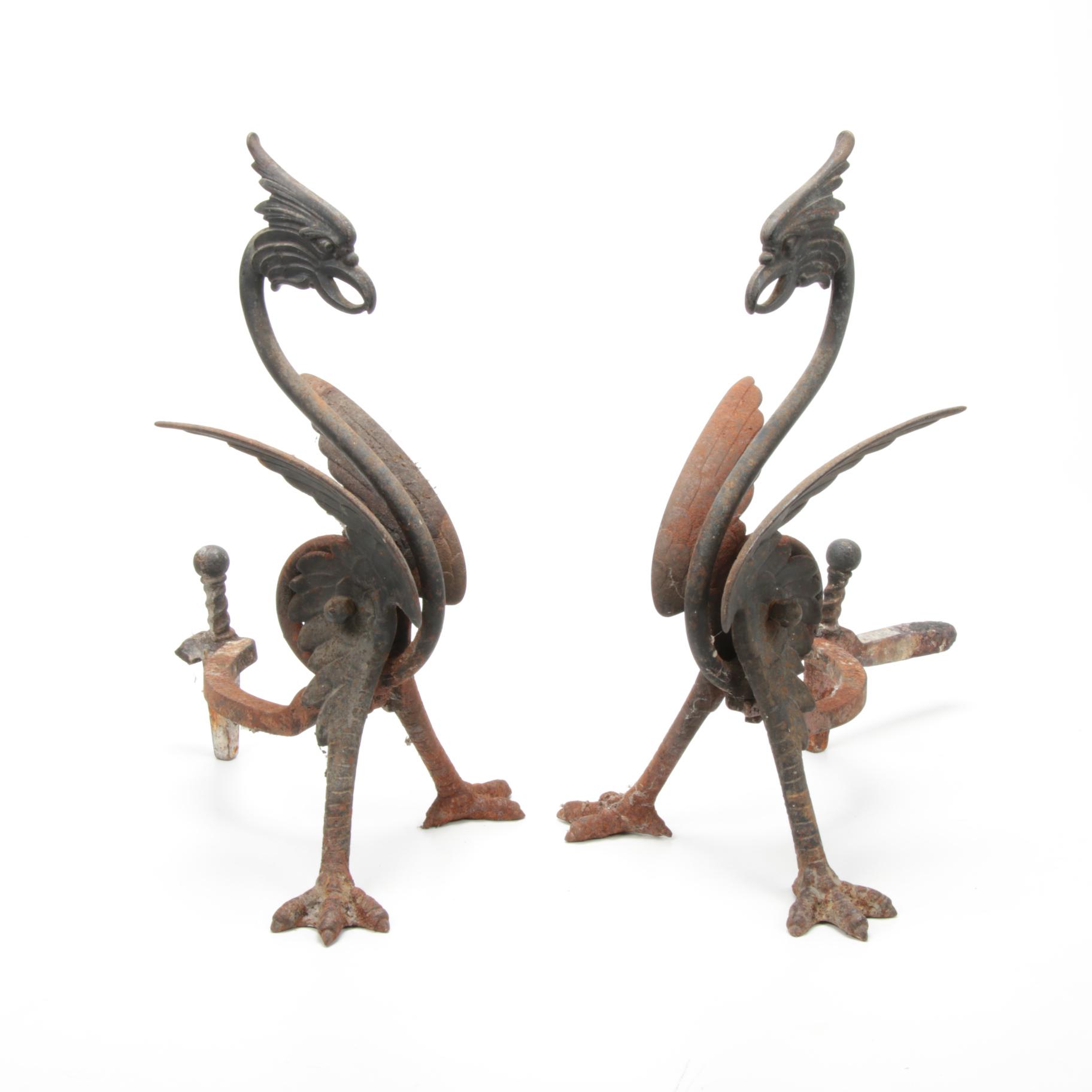 Pair of Bradley & Hubbard Cast Iron Griffin Fireplace Andirons