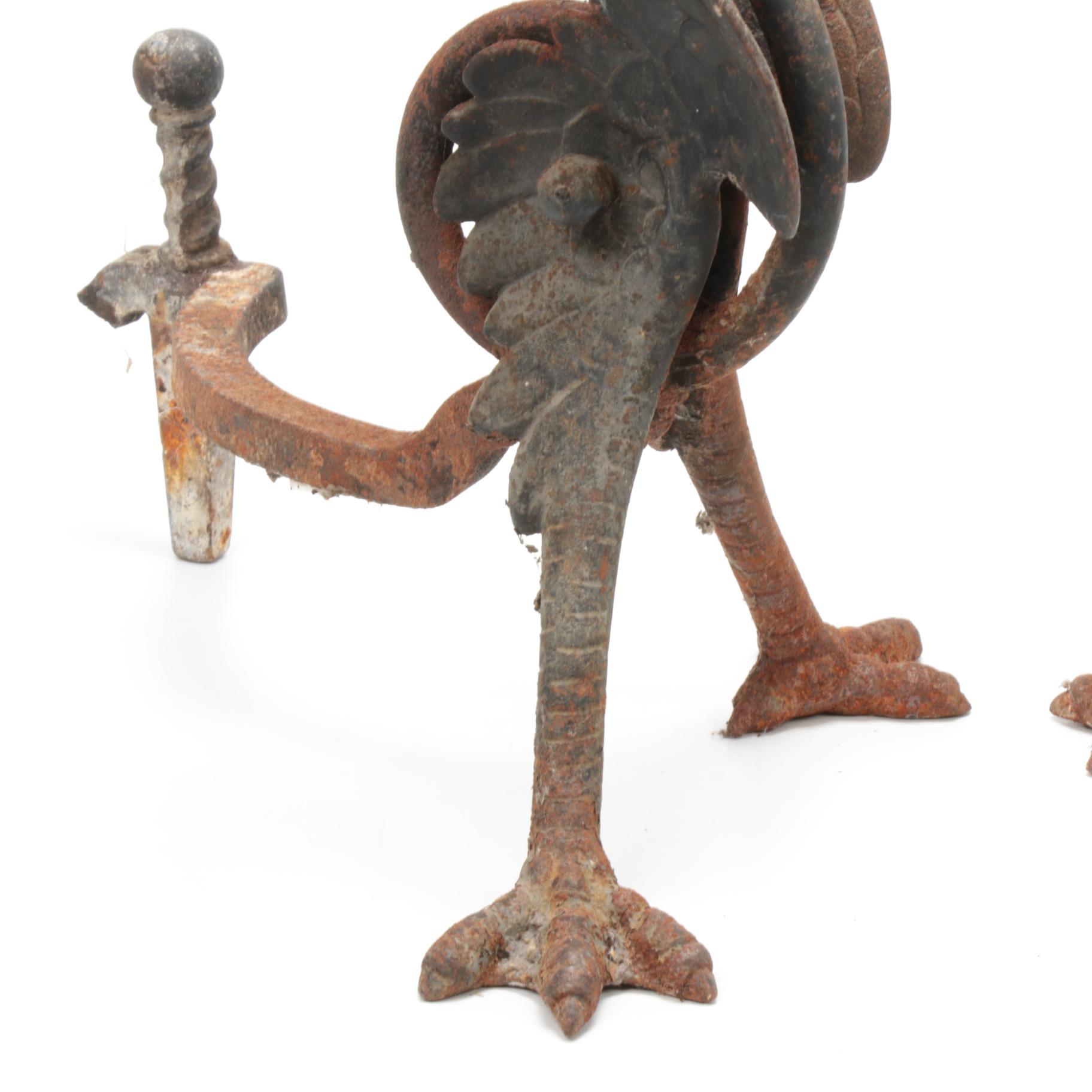 Pair of Bradley & Hubbard Cast Iron Griffin Fireplace Andirons