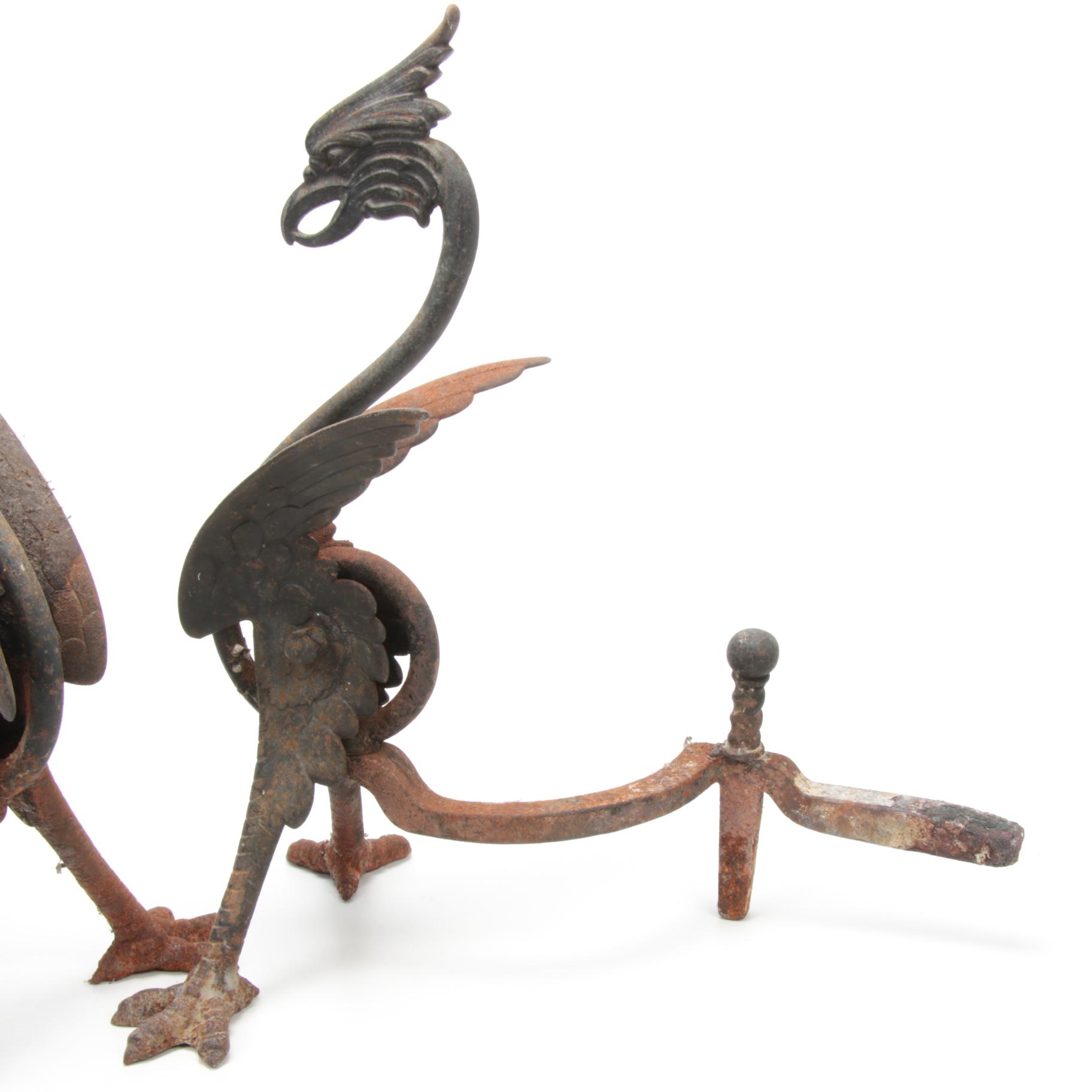 Pair of Bradley & Hubbard Cast Iron Griffin Fireplace Andirons