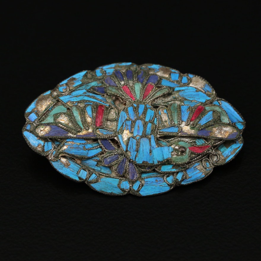 Antique Chinese Tian-tsiu and Enamel Brooch