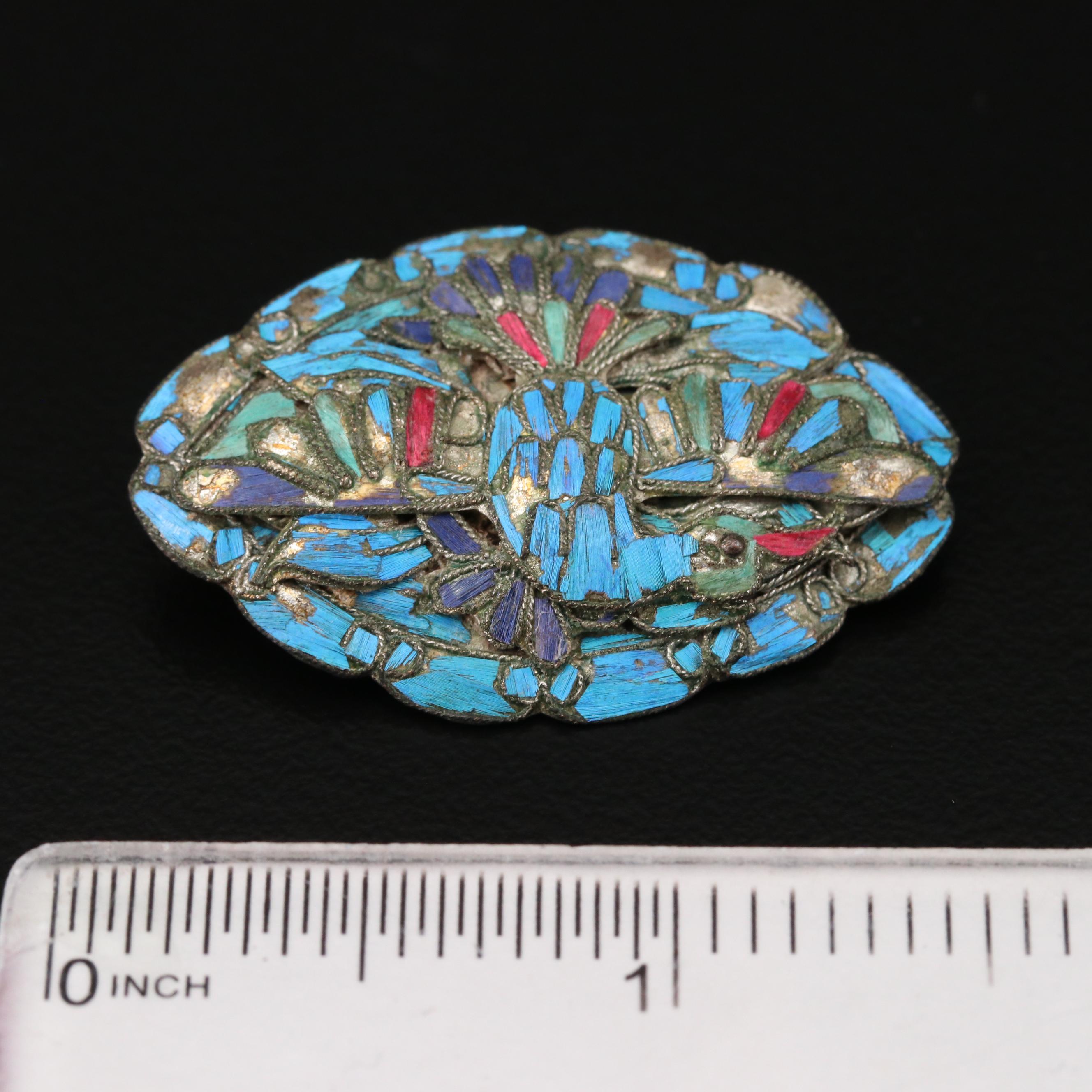 Antique Chinese Tian-tsiu and Enamel Brooch