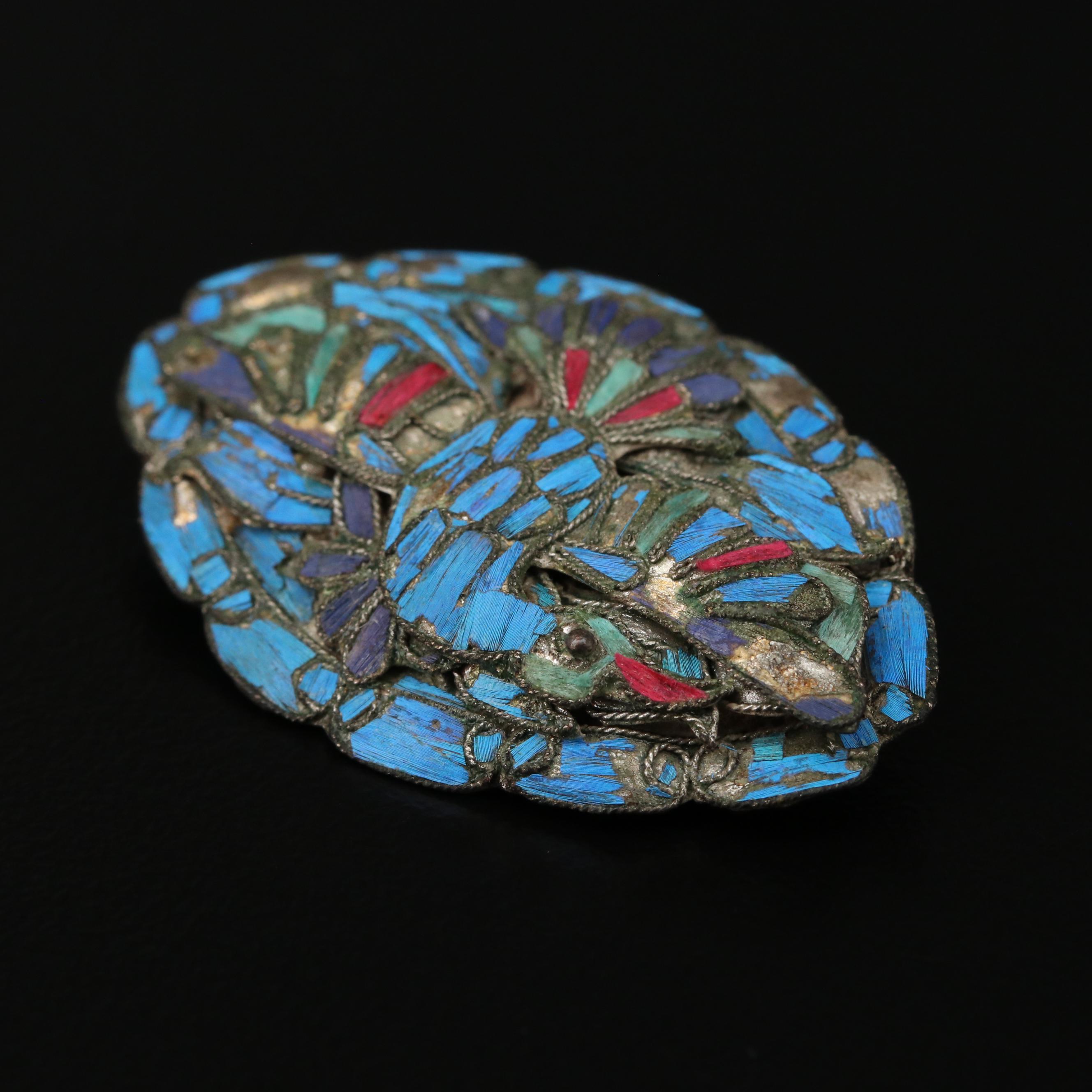 Antique Chinese Tian-tsiu and Enamel Brooch