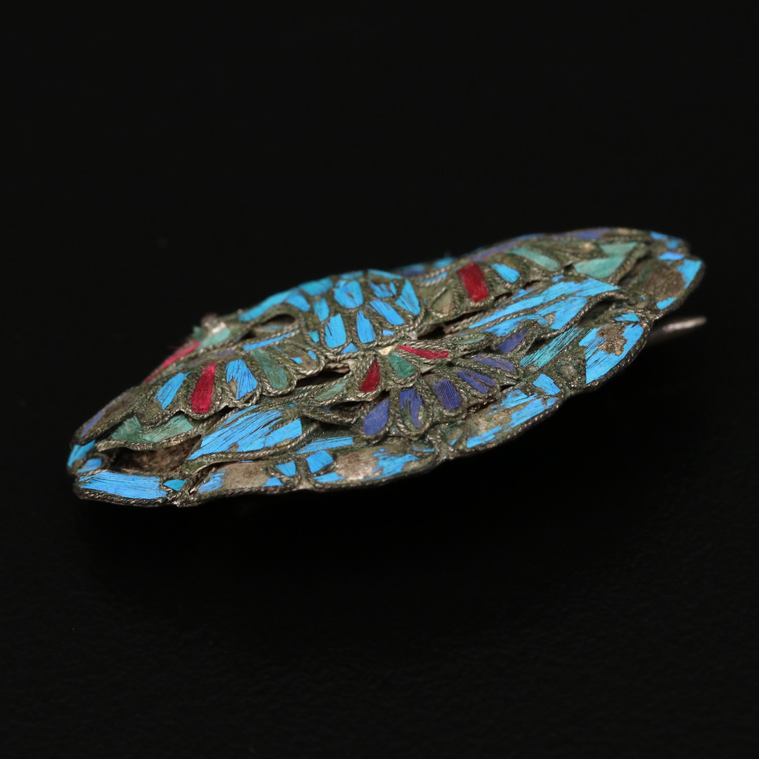 Antique Chinese Tian-tsiu and Enamel Brooch