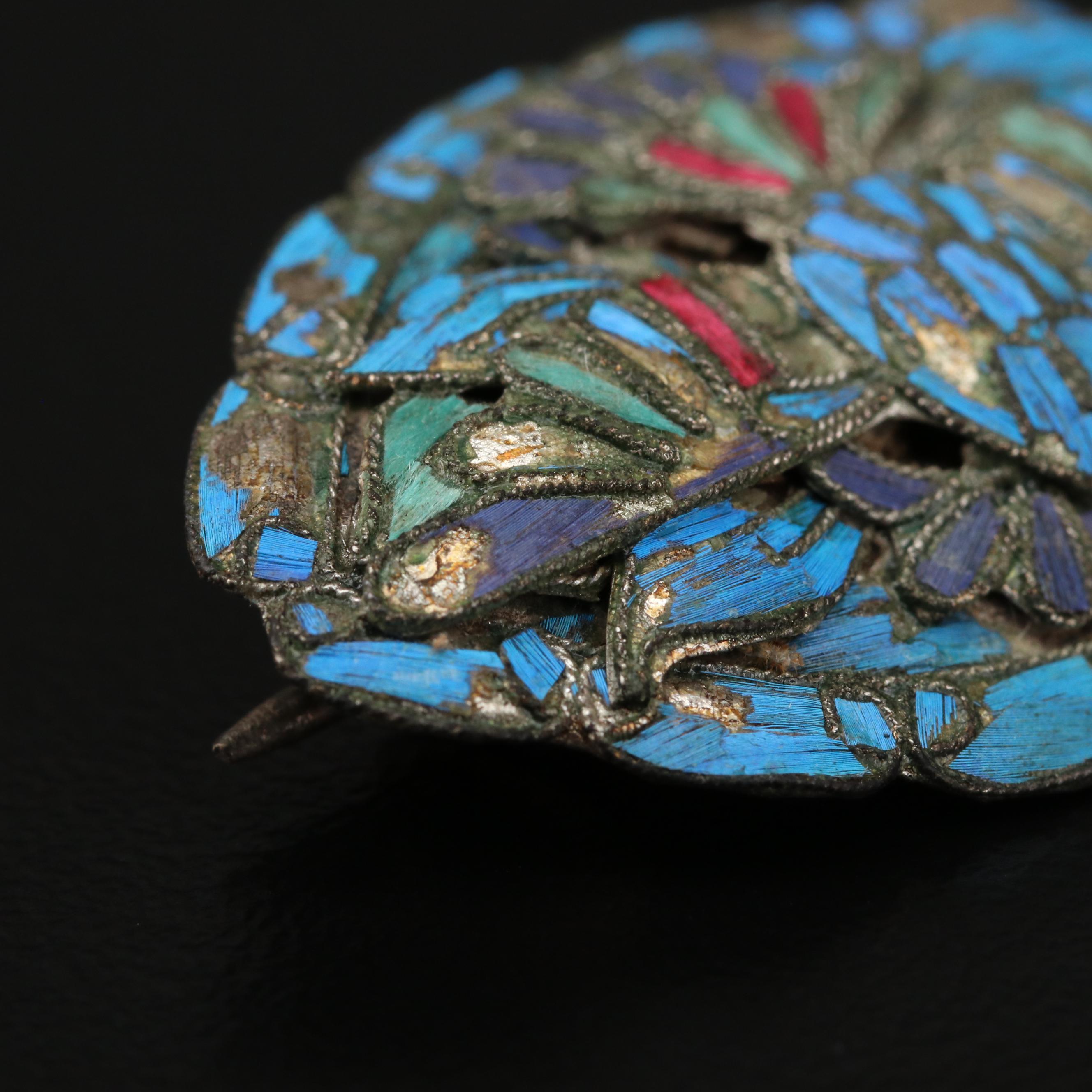 Antique Chinese Tian-tsiu and Enamel Brooch