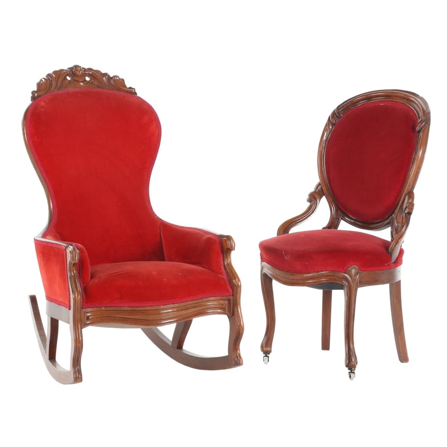 Two Victorian Walnut Velvet-Upholstered Parlor Chairs, Late 19th Century