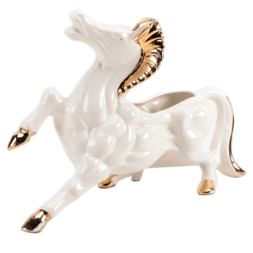 Ceramic White Horse Planter with Gilded Mane and Hooves