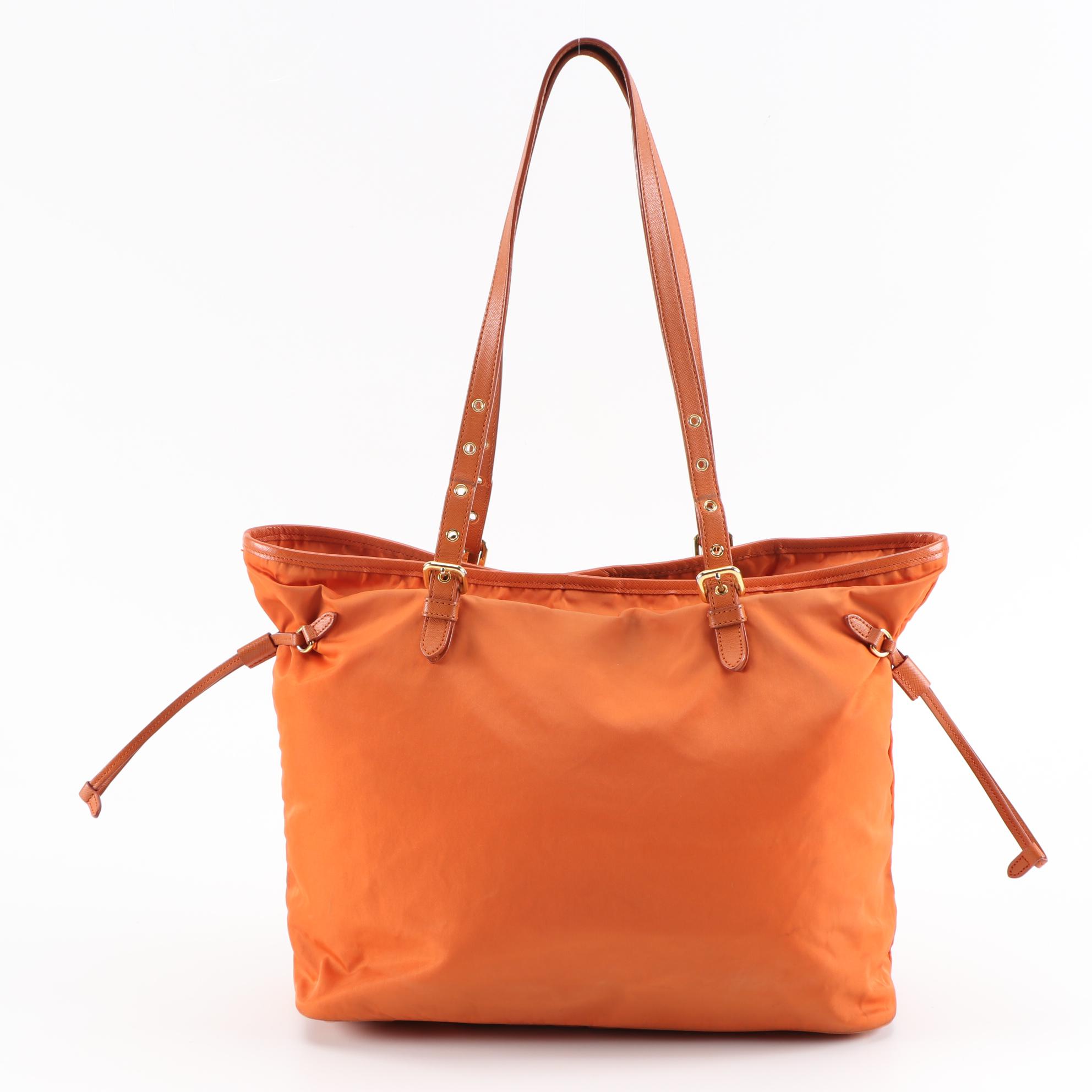 Prada Tote Bag in Papaya Tessuto Nylon and Saffiano Leather Trim