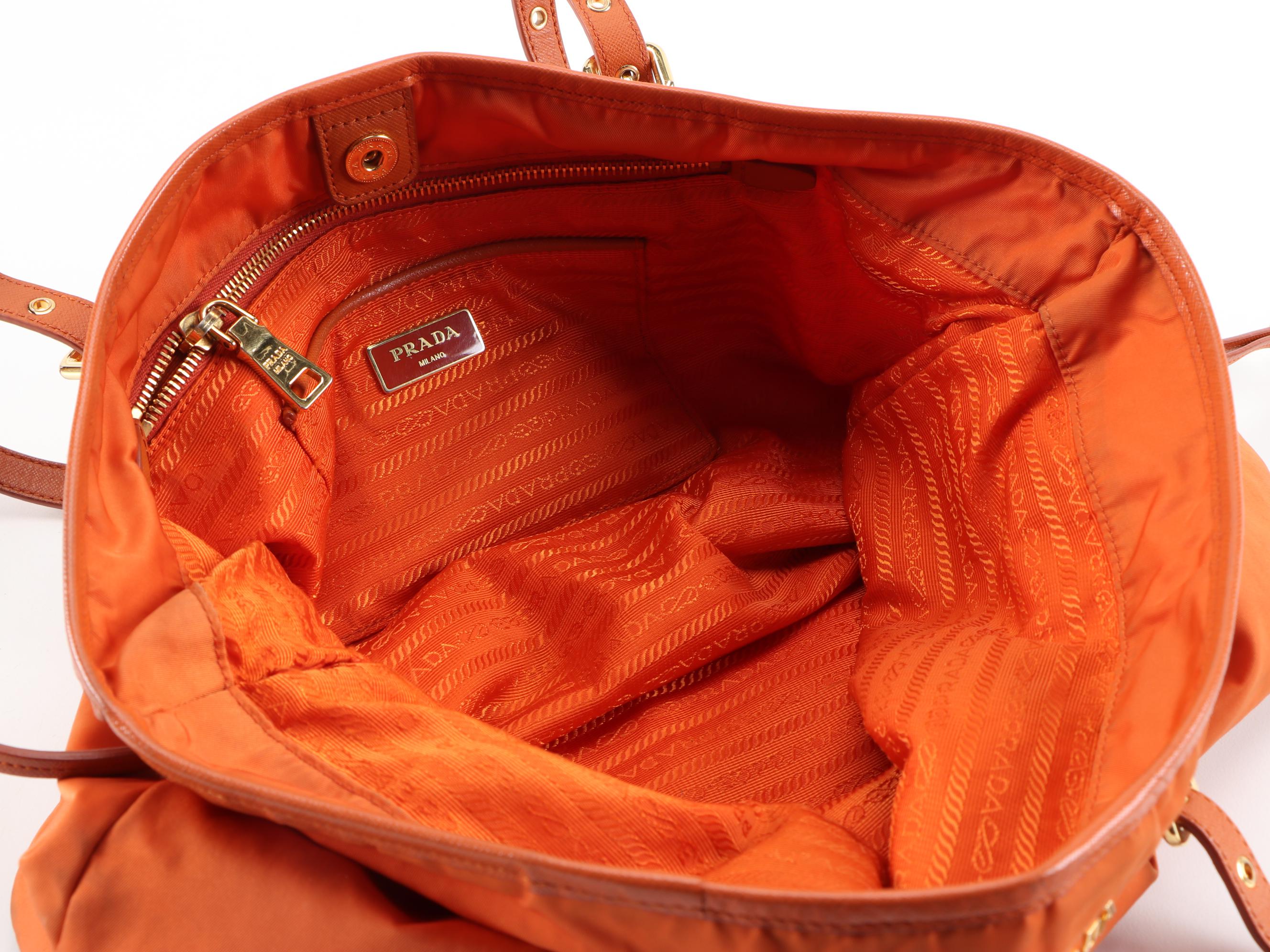 Prada Tote Bag in Papaya Tessuto Nylon and Saffiano Leather Trim