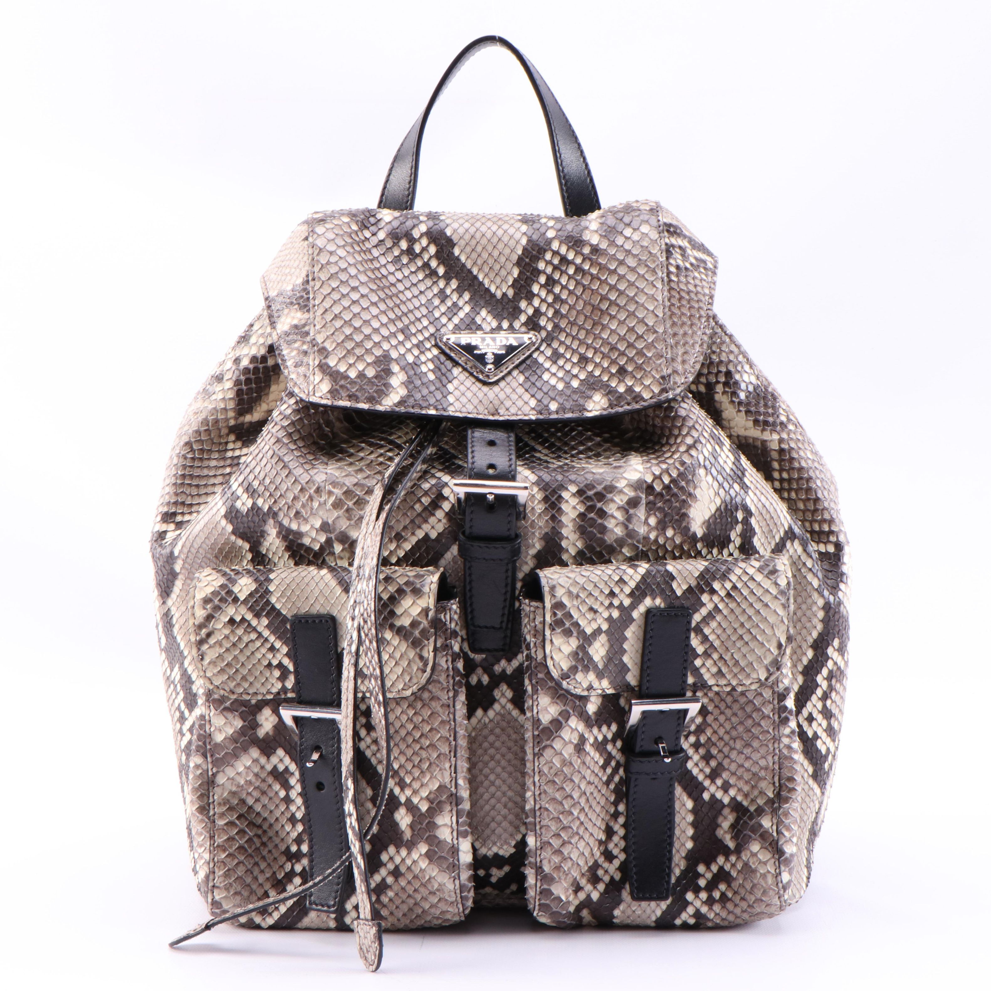 Prada Python and Black Leather Double Pocket Medium Backpack