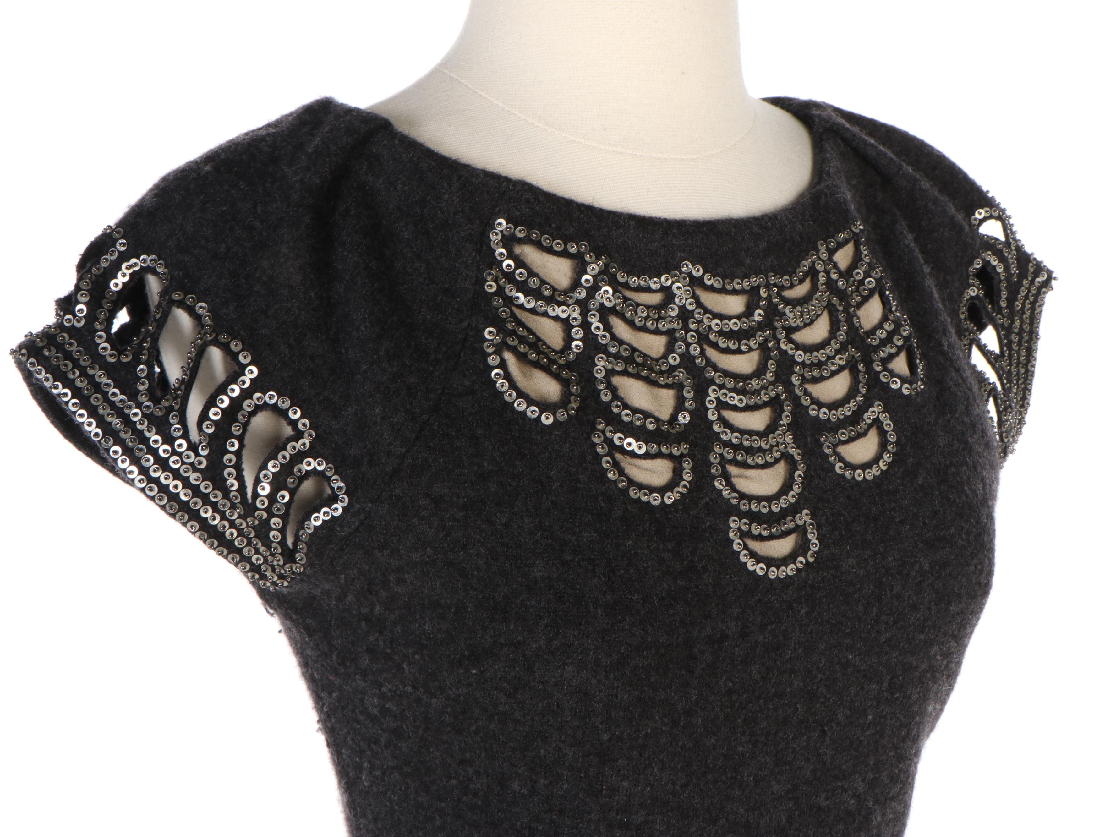 Tory Burch Fitted Grey Wool Dress with Sequin Embellished Cutouts