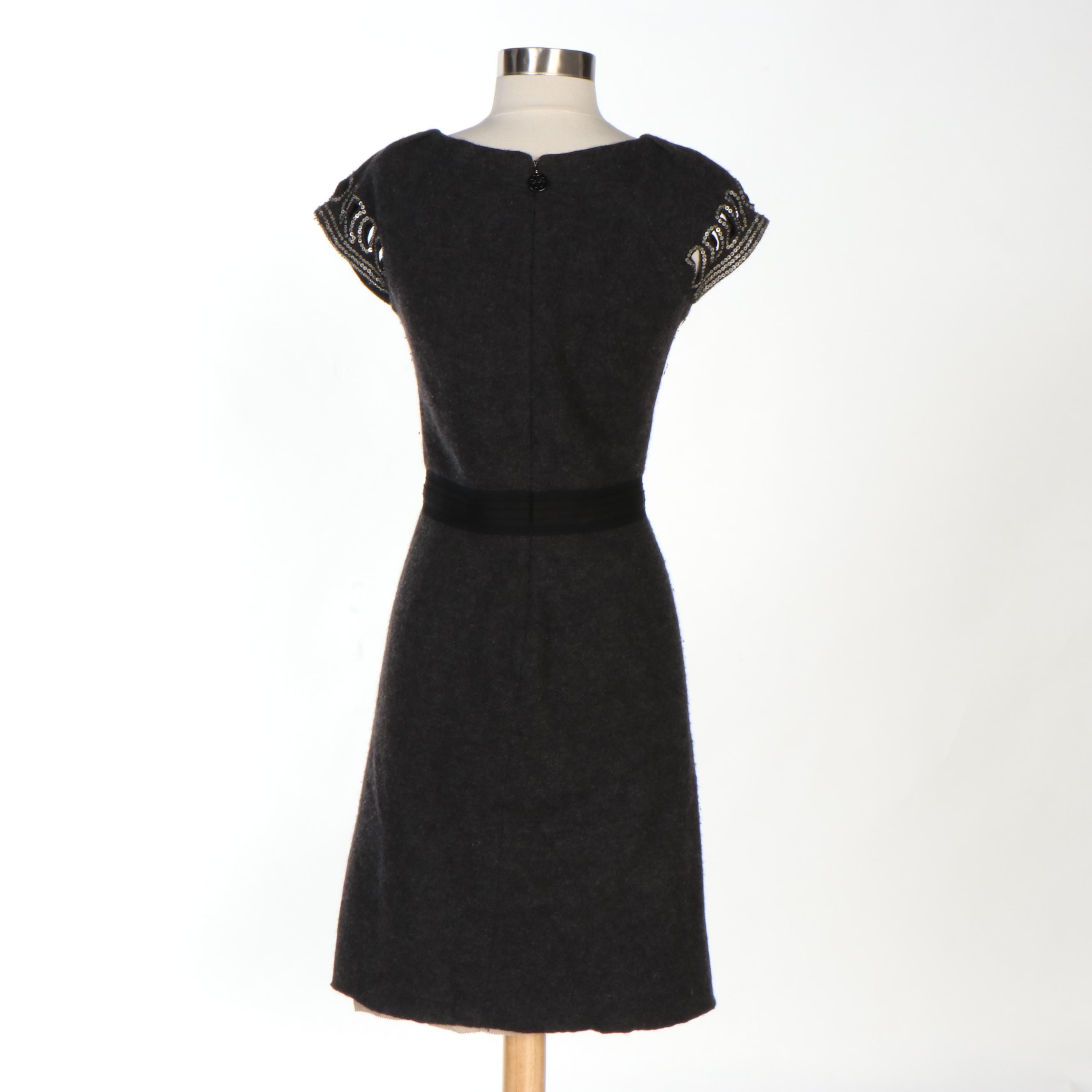 Tory Burch Fitted Grey Wool Dress with Sequin Embellished Cutouts