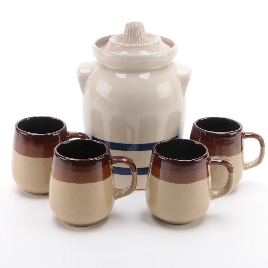 Robinson Ransbottom Cookie Jar with Earthenware Coffee Cups, Mid-20th C.