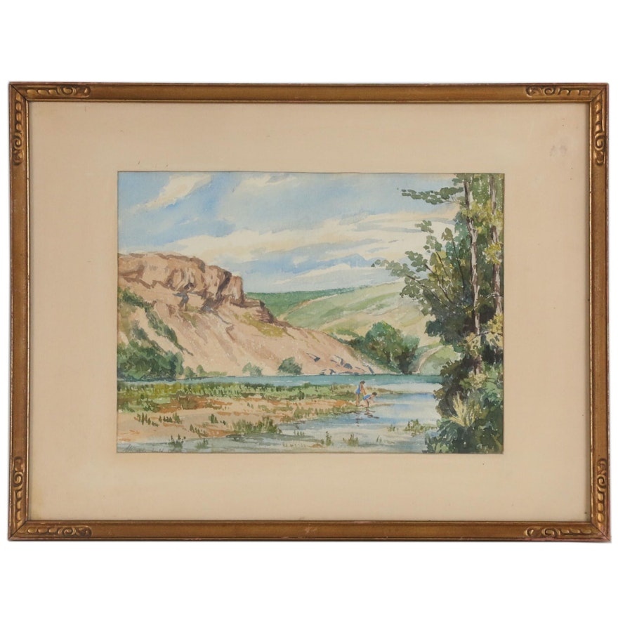 Landscape Watercolor Painting, Mid 20th Century