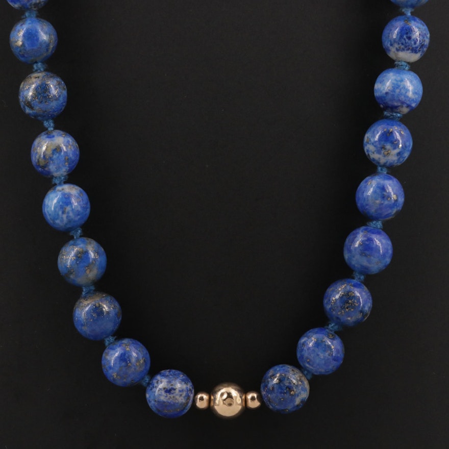 Beaded Lapis Lazuli Necklace With 14K Yellow Gold Stations