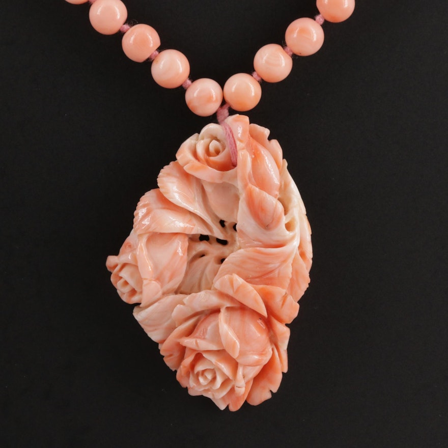 Beaded Coral Necklace Featuring Floral Pendant