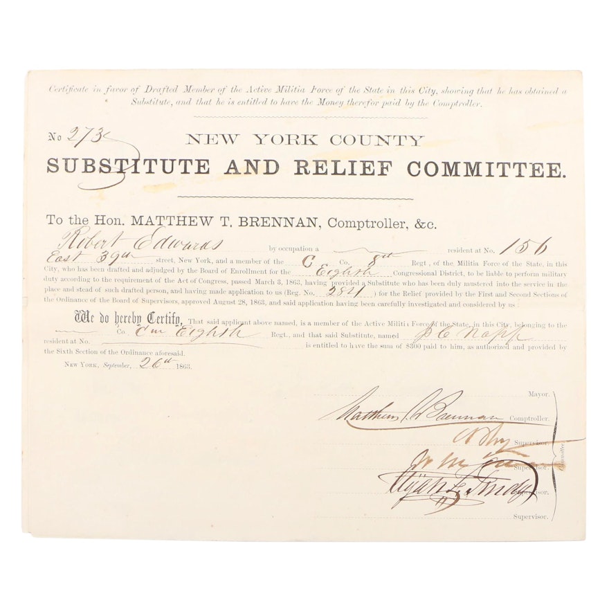1863 Civil War Draft Substitute Paperwork via "Enrollment Act", New York County