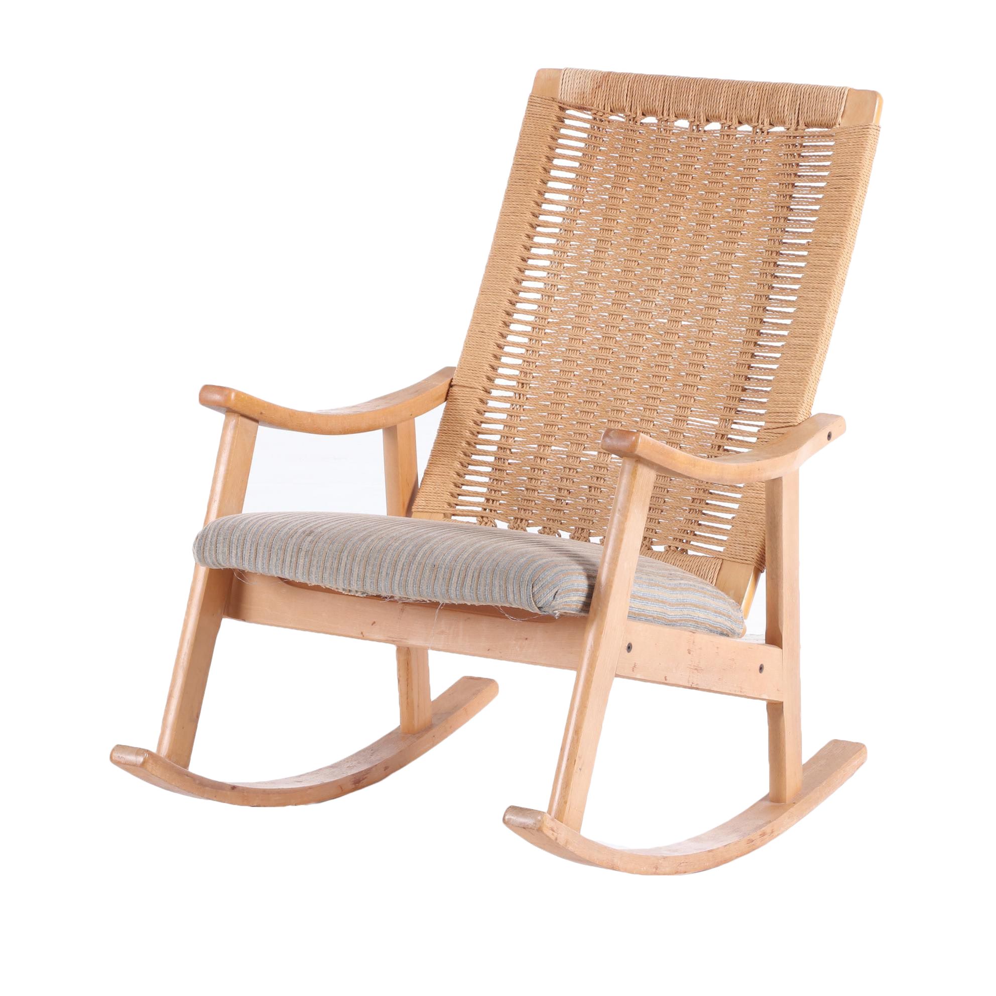 Modernist Beech Rocking Armchair with Woven Cord Back, Second Half 20th Century