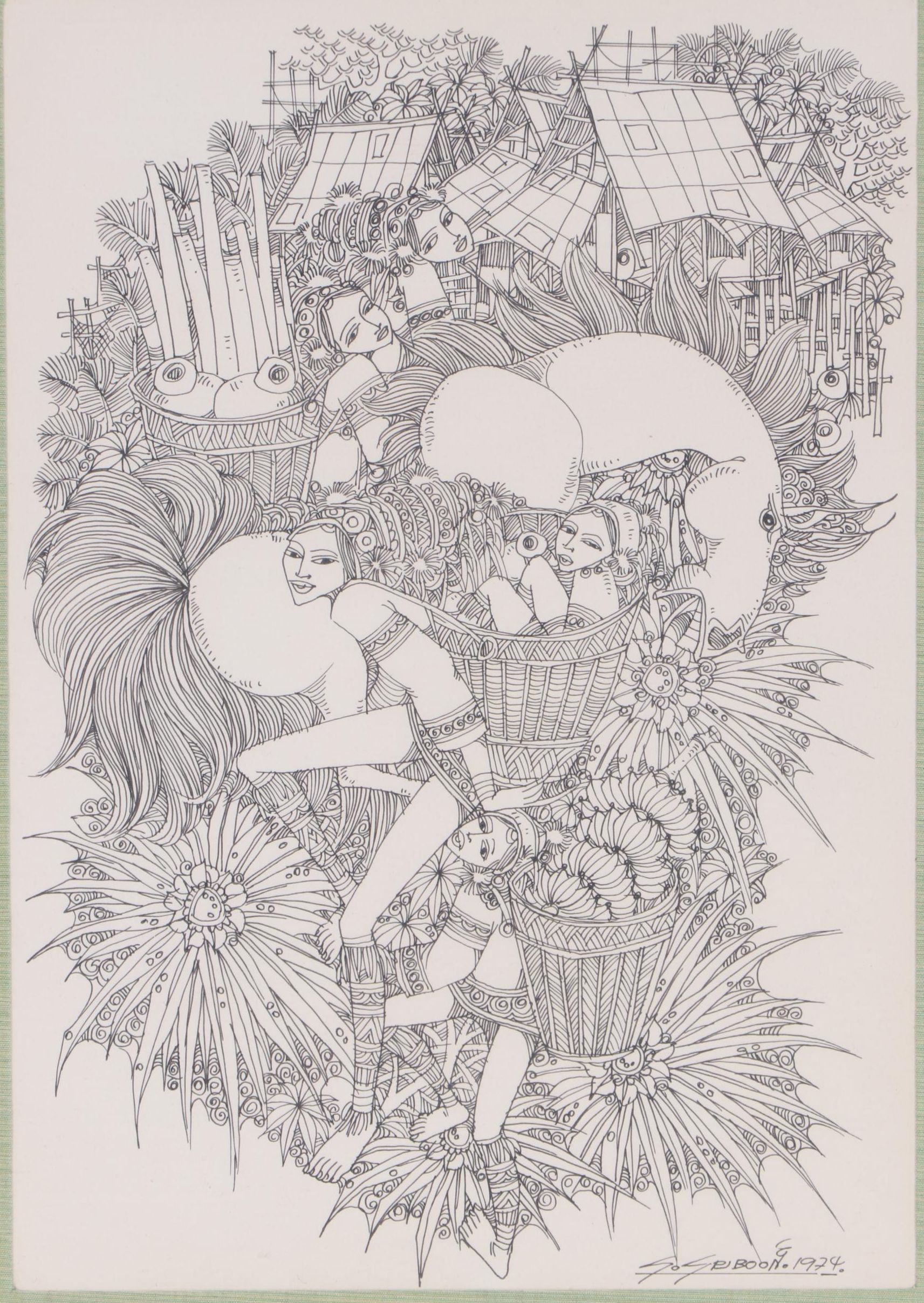 Sriboon Sanong Ink Drawing of Market Scene with Women and Horse, 1974