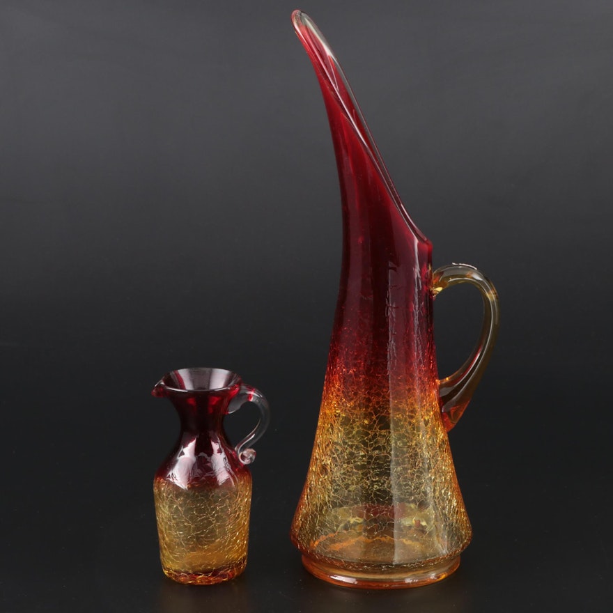Amberina Crackle Glass Pitcher and Creamer, Mid to Late 20th Century