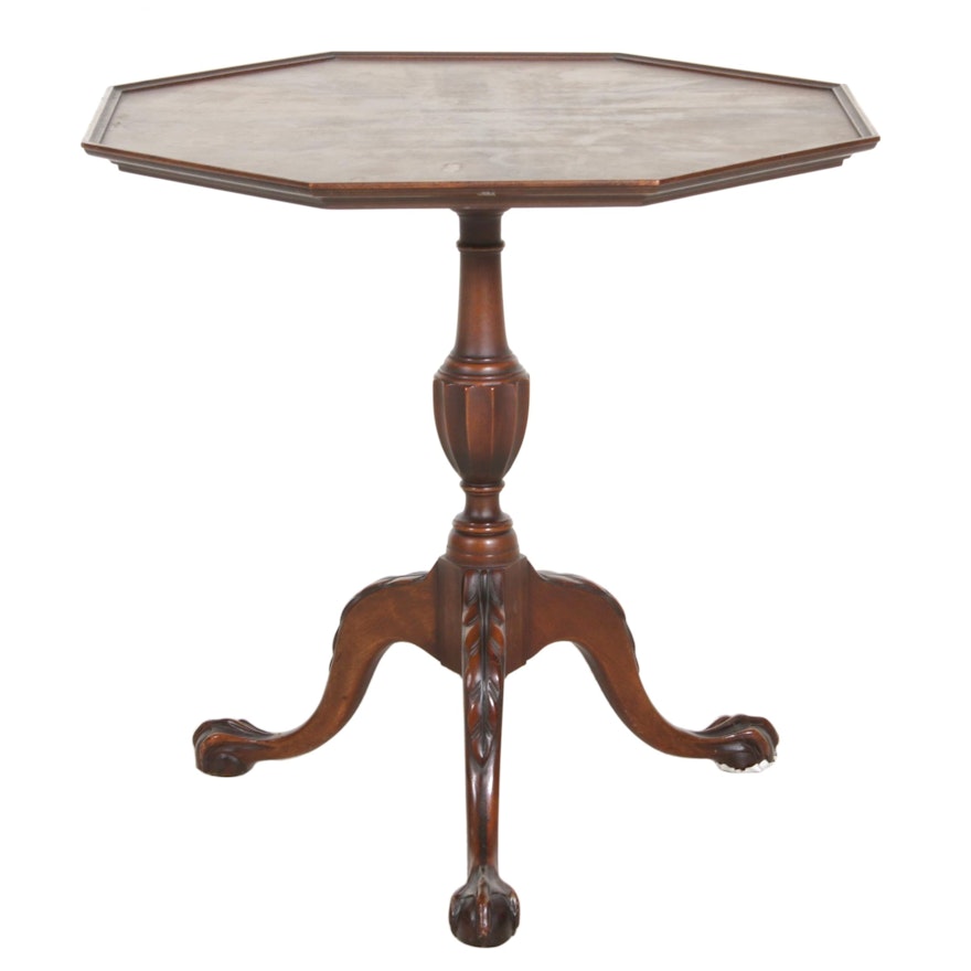 Schaffner's Dependable Furniture Figured Birch Top Tripod Table, Early 20th C.