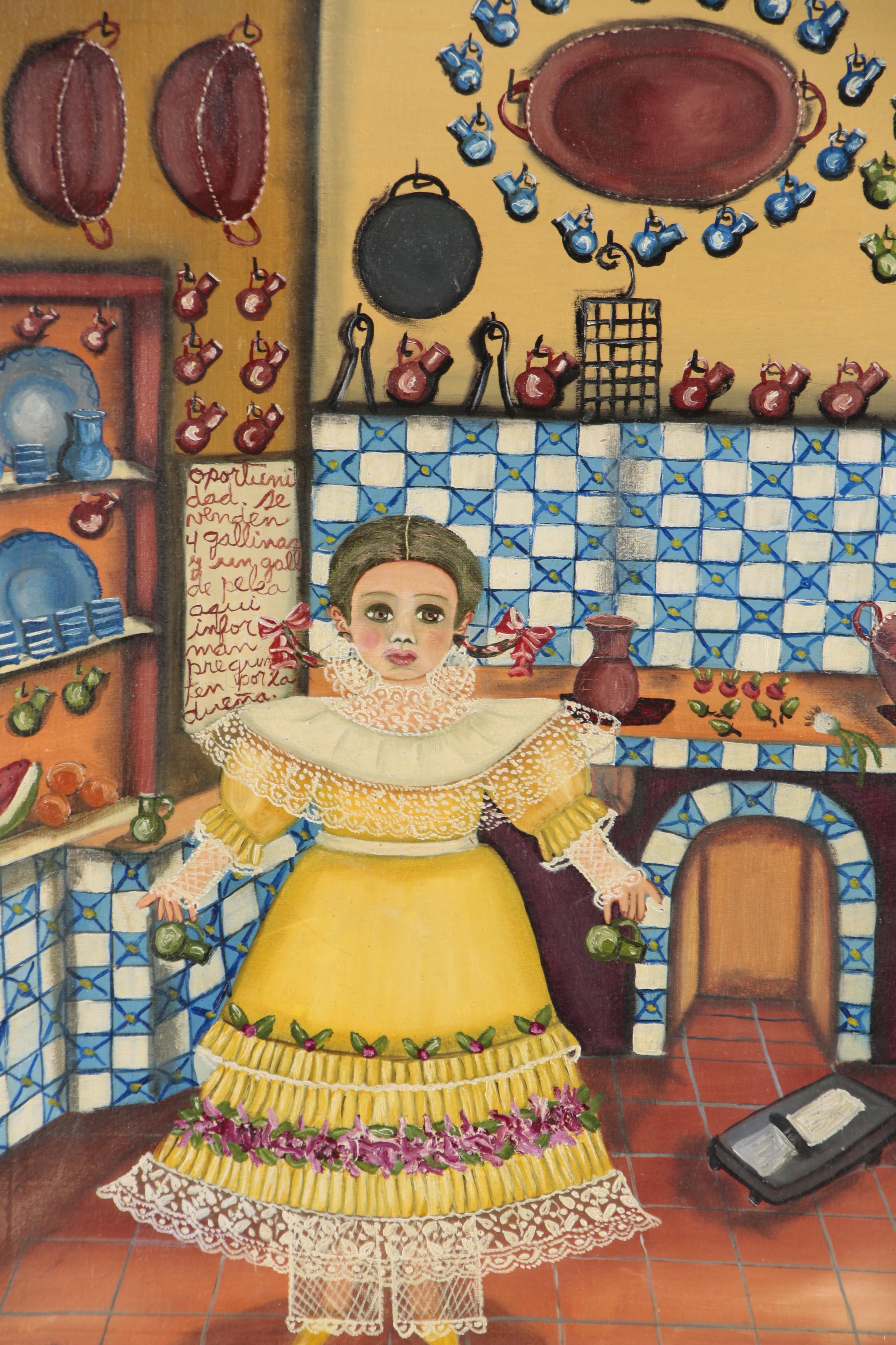 Agapito Labios Oil Folk Painting of Young Girl in Kitchen
