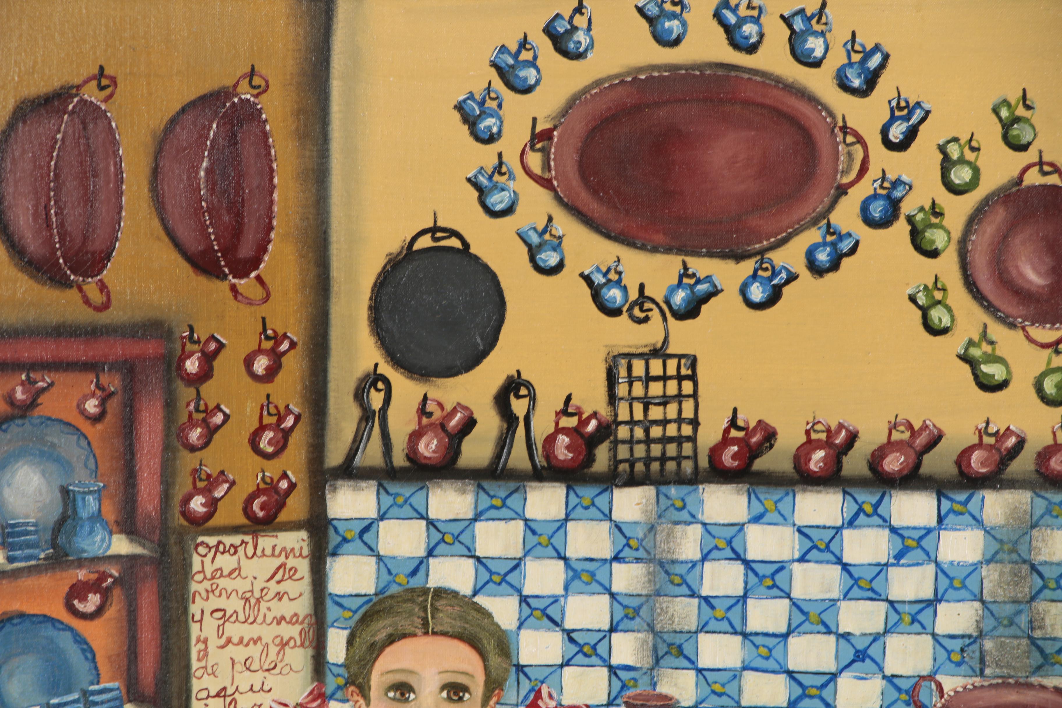 Agapito Labios Oil Folk Painting of Young Girl in Kitchen