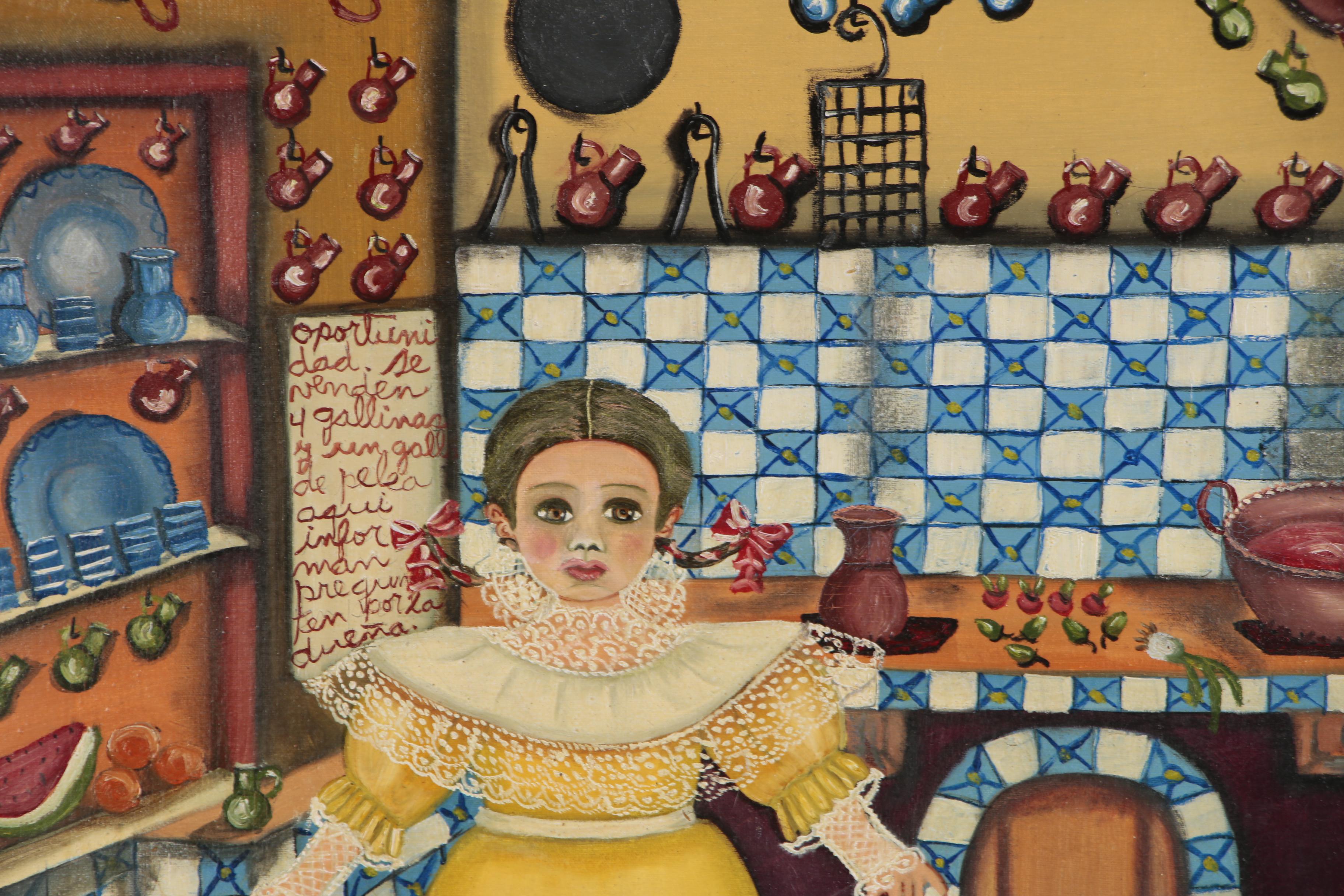 Agapito Labios Oil Folk Painting of Young Girl in Kitchen