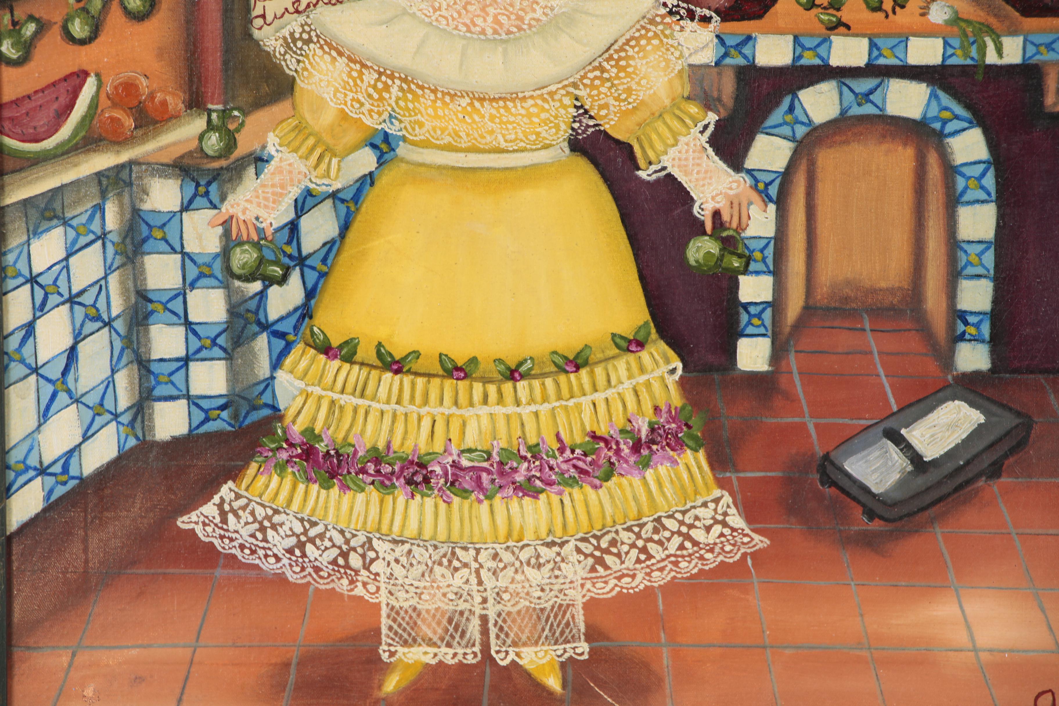 Agapito Labios Oil Folk Painting of Young Girl in Kitchen