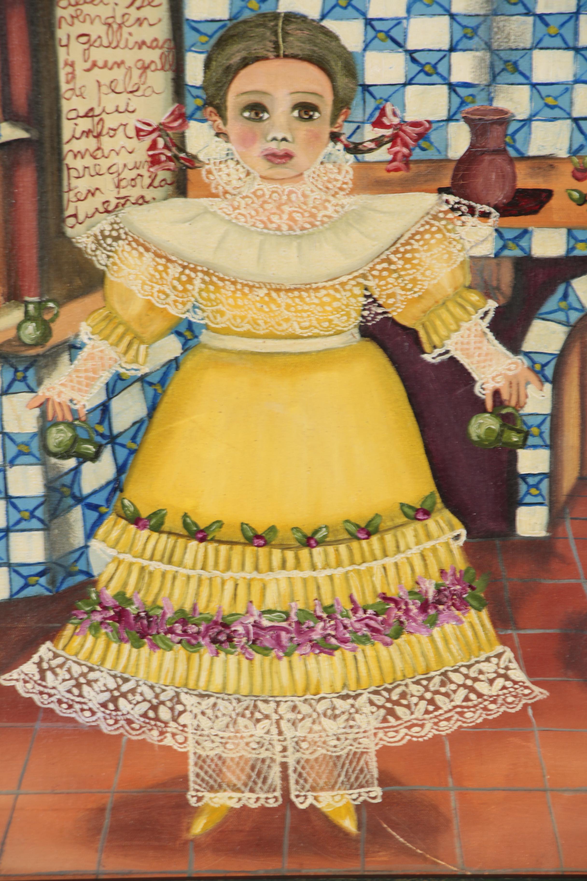 Agapito Labios Oil Folk Painting of Young Girl in Kitchen