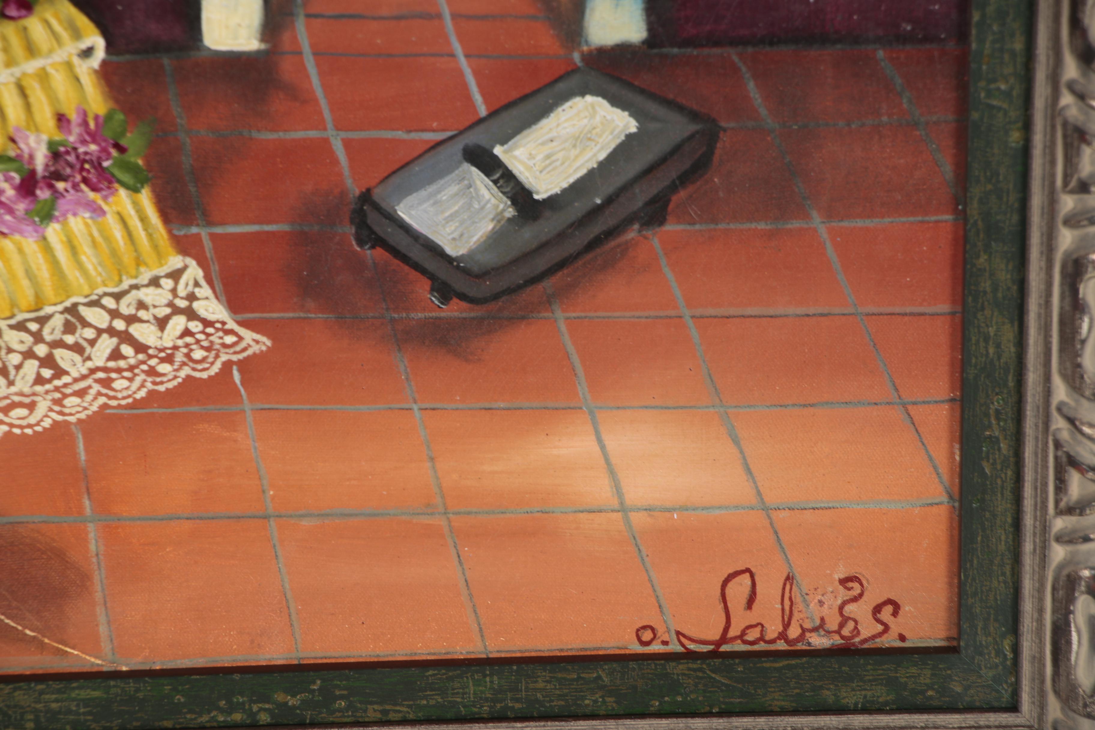 Agapito Labios Oil Folk Painting of Young Girl in Kitchen