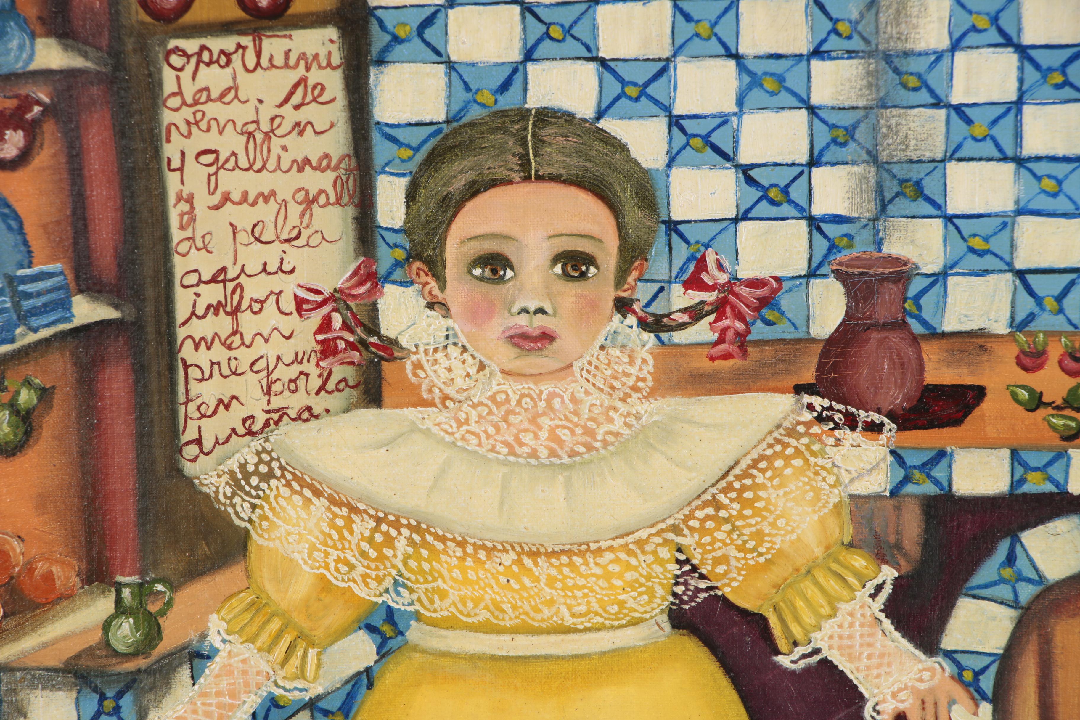 Agapito Labios Oil Folk Painting of Young Girl in Kitchen