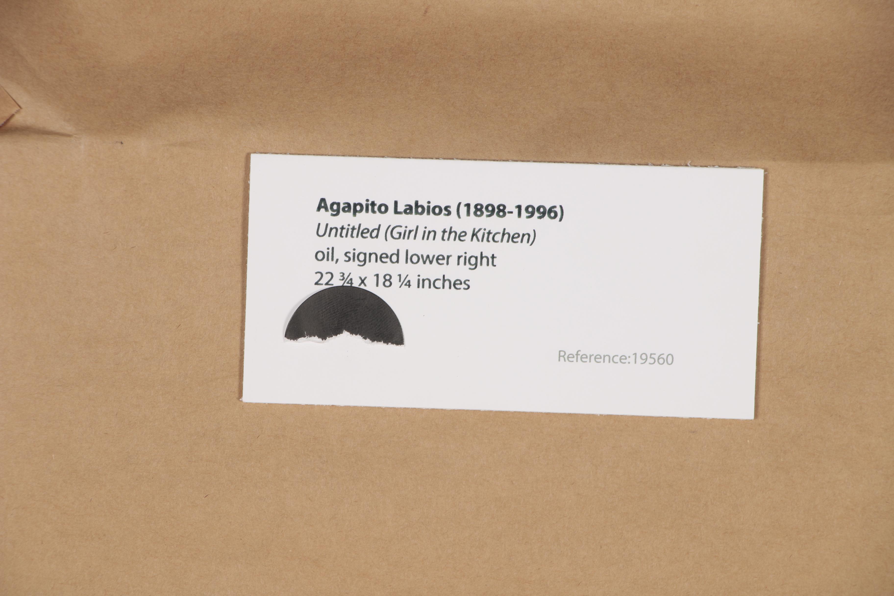 Agapito Labios Oil Folk Painting of Young Girl in Kitchen