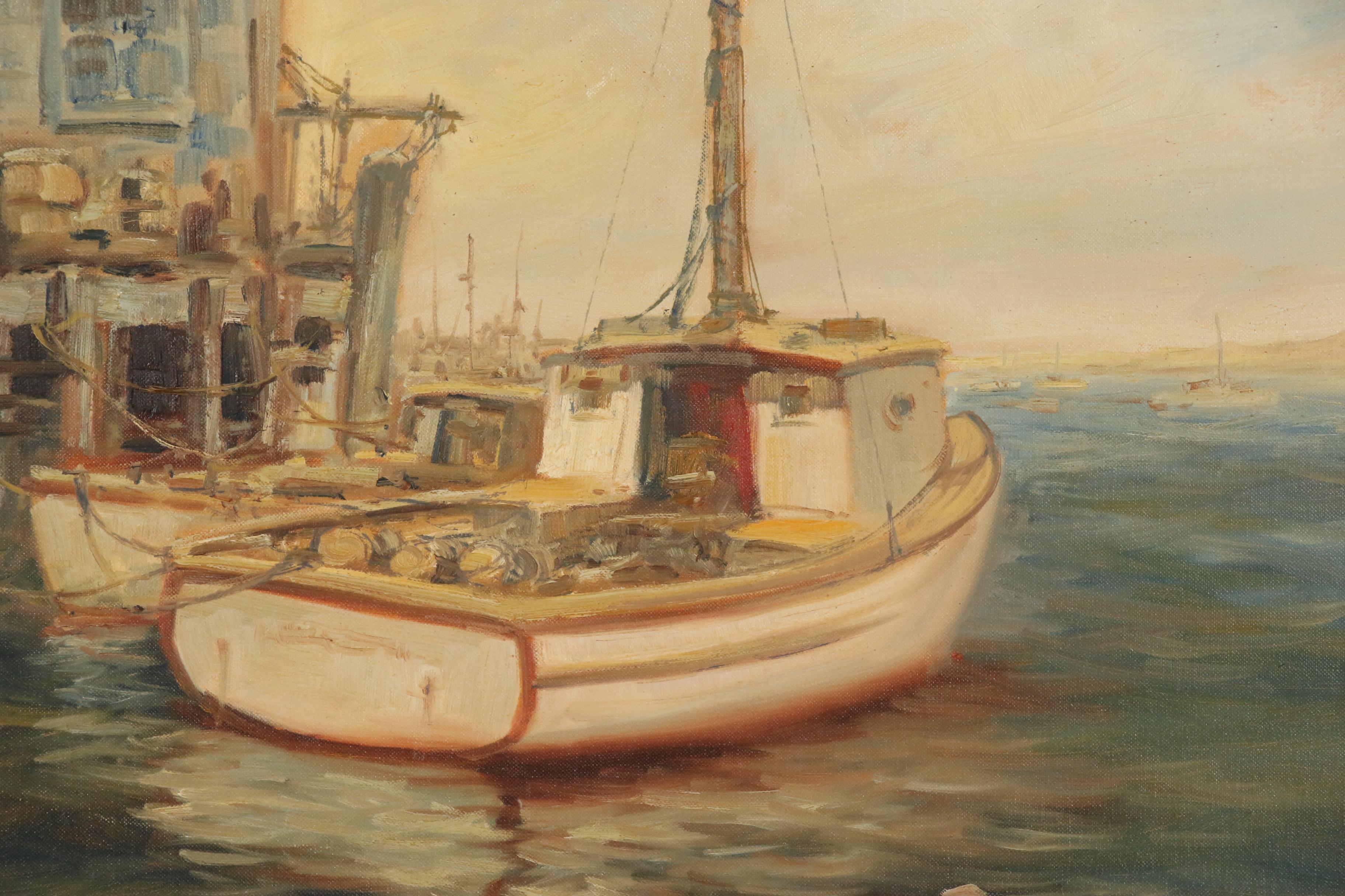Wendell Rogers Harbor Scene Oil Painting, Mid 20th Century