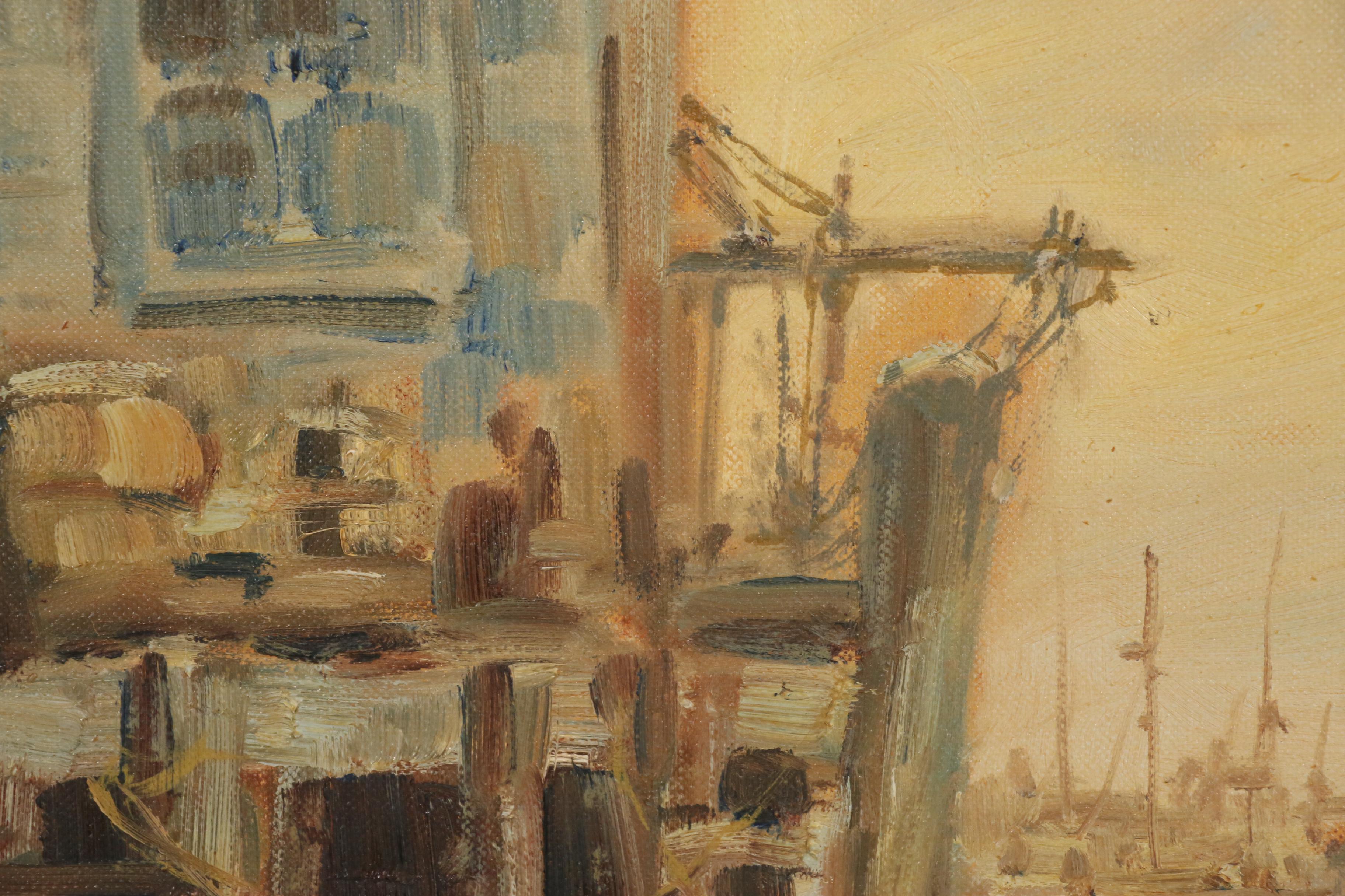 Wendell Rogers Harbor Scene Oil Painting, Mid 20th Century