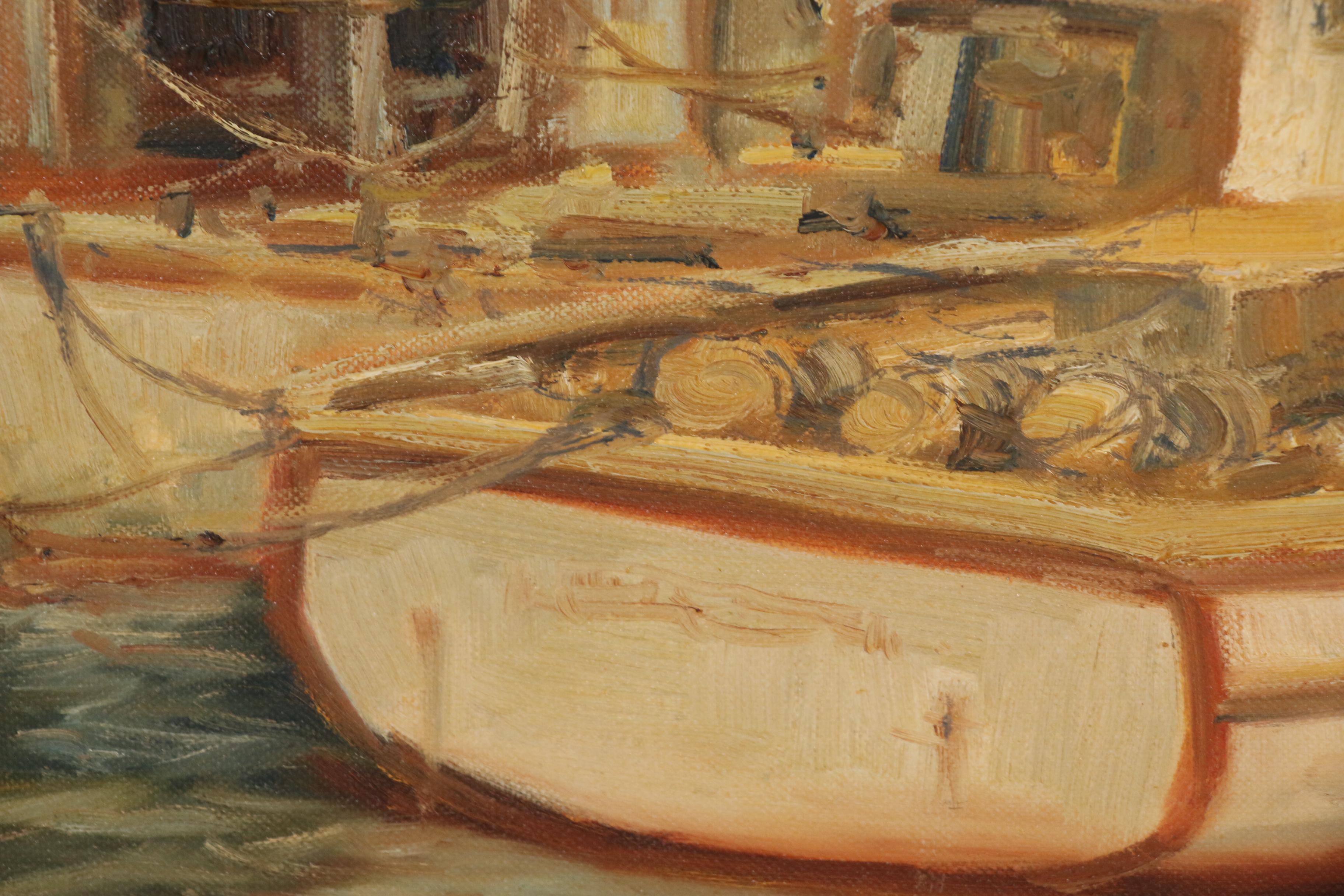 Wendell Rogers Harbor Scene Oil Painting, Mid 20th Century