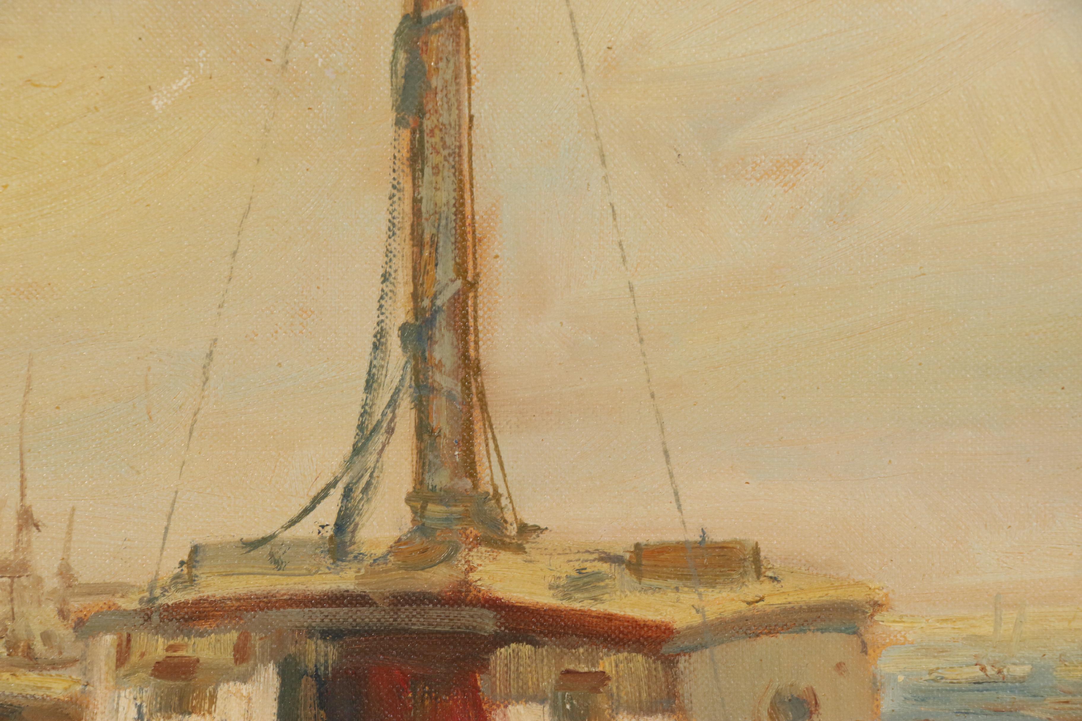 Wendell Rogers Harbor Scene Oil Painting, Mid 20th Century