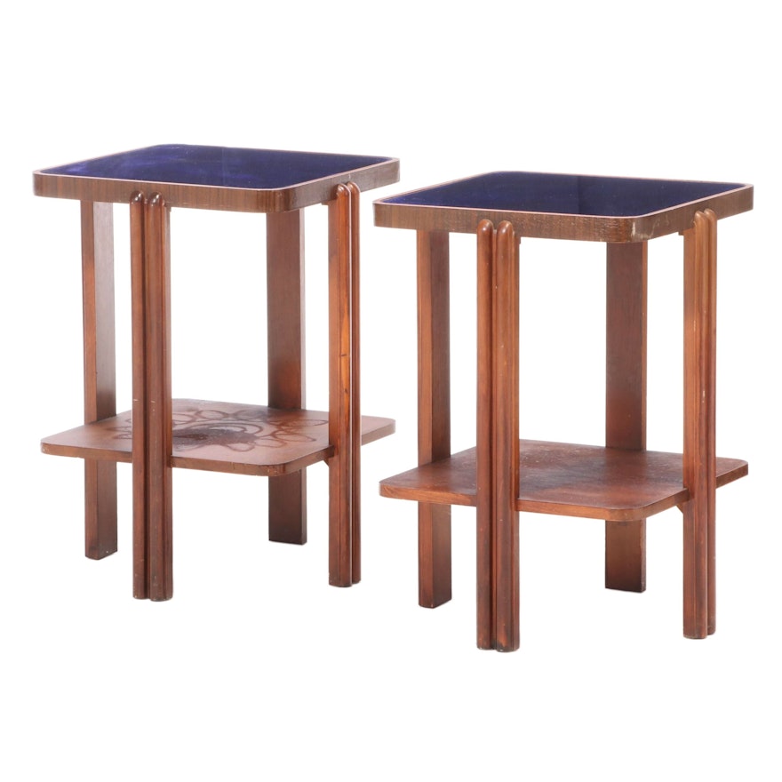 Art Deco Style Glass Top Birch End Tables, Mid 20th Century