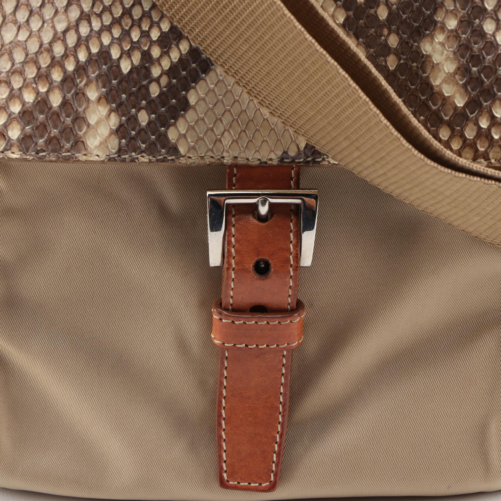 Prada Python Flap Crossbody Bag in Beige Tessuto Nylon and Tan Leather