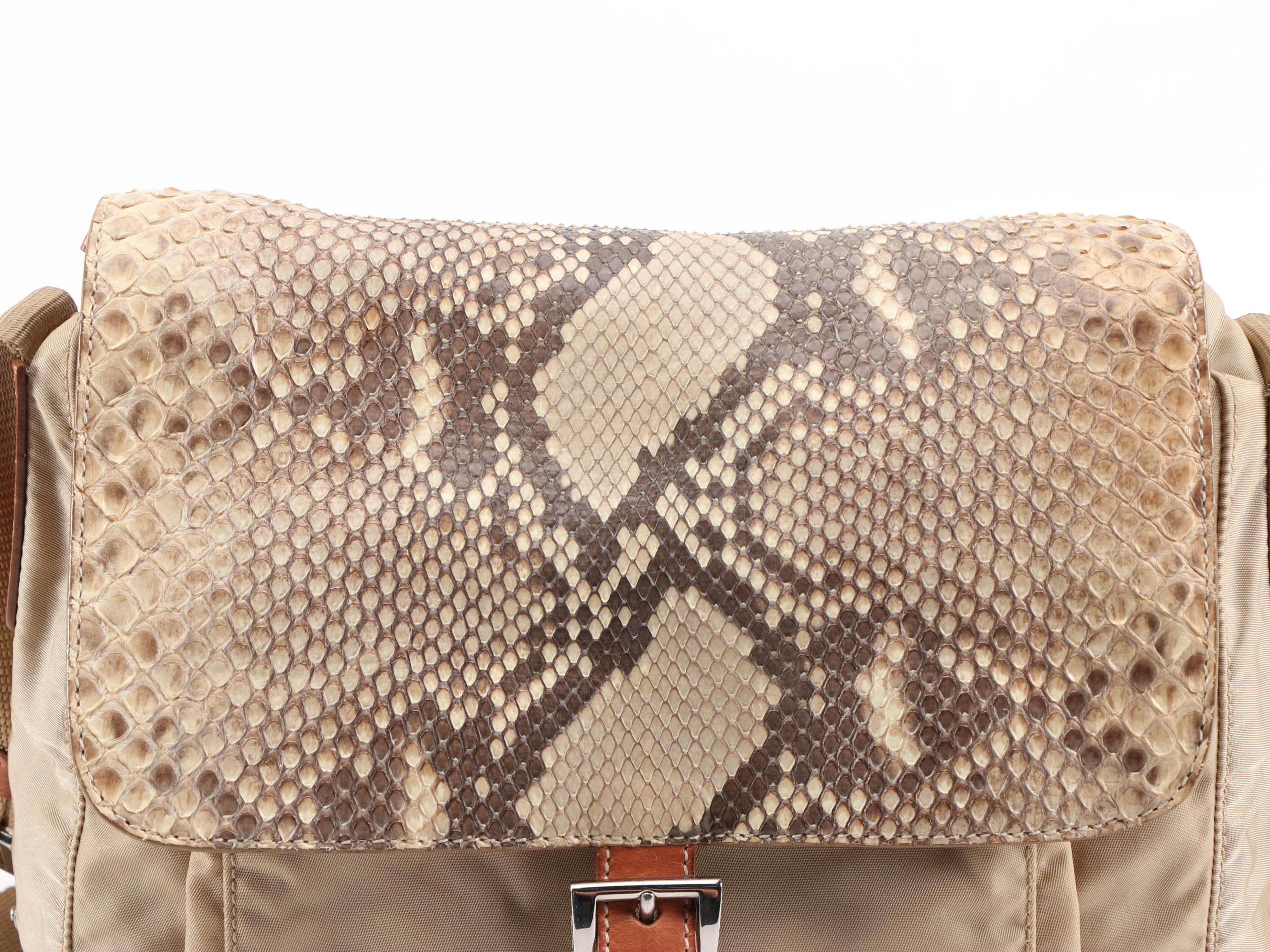 Prada Python Flap Crossbody Bag in Beige Tessuto Nylon and Tan Leather