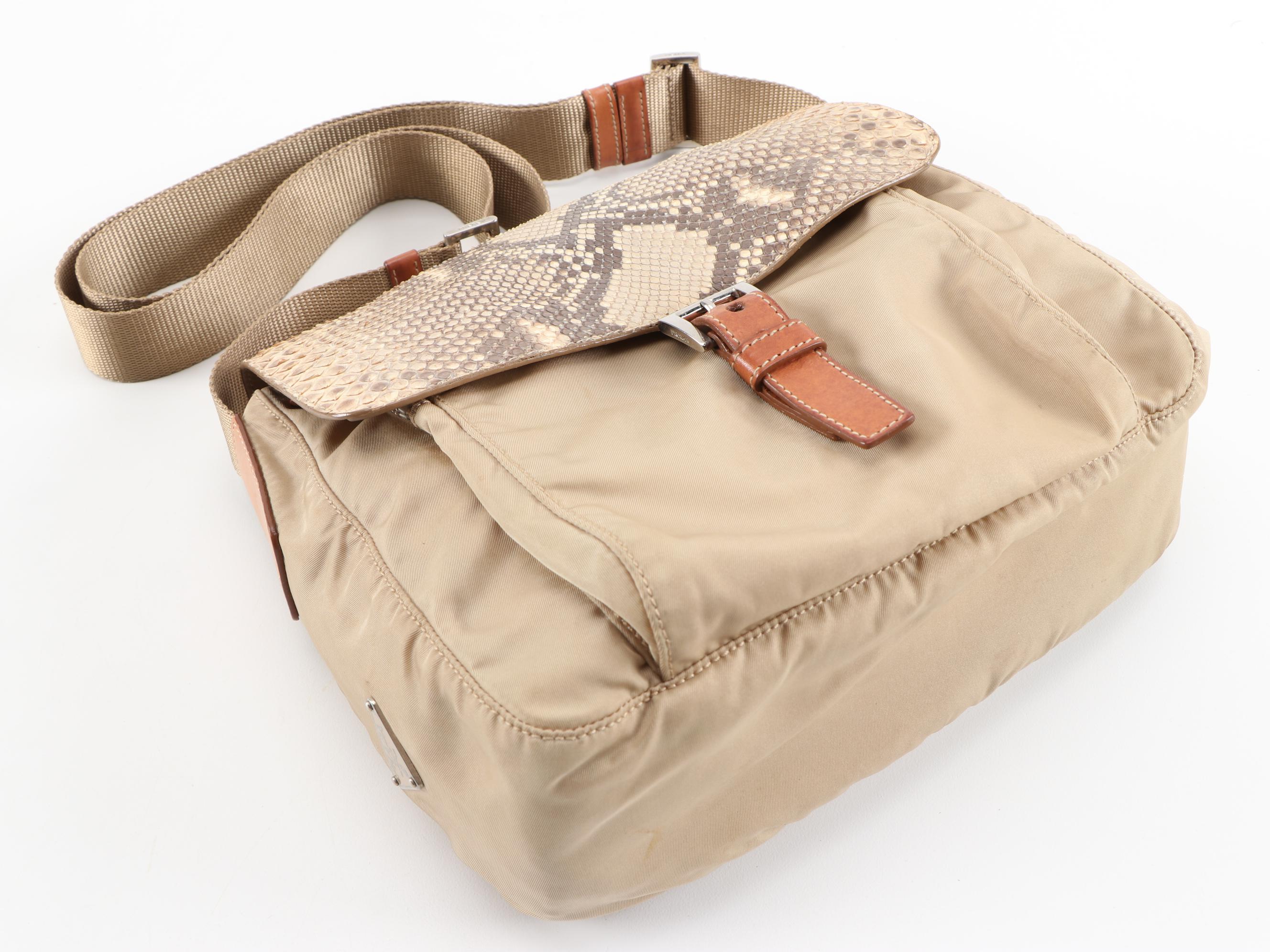 Prada Python Flap Crossbody Bag in Beige Tessuto Nylon and Tan Leather
