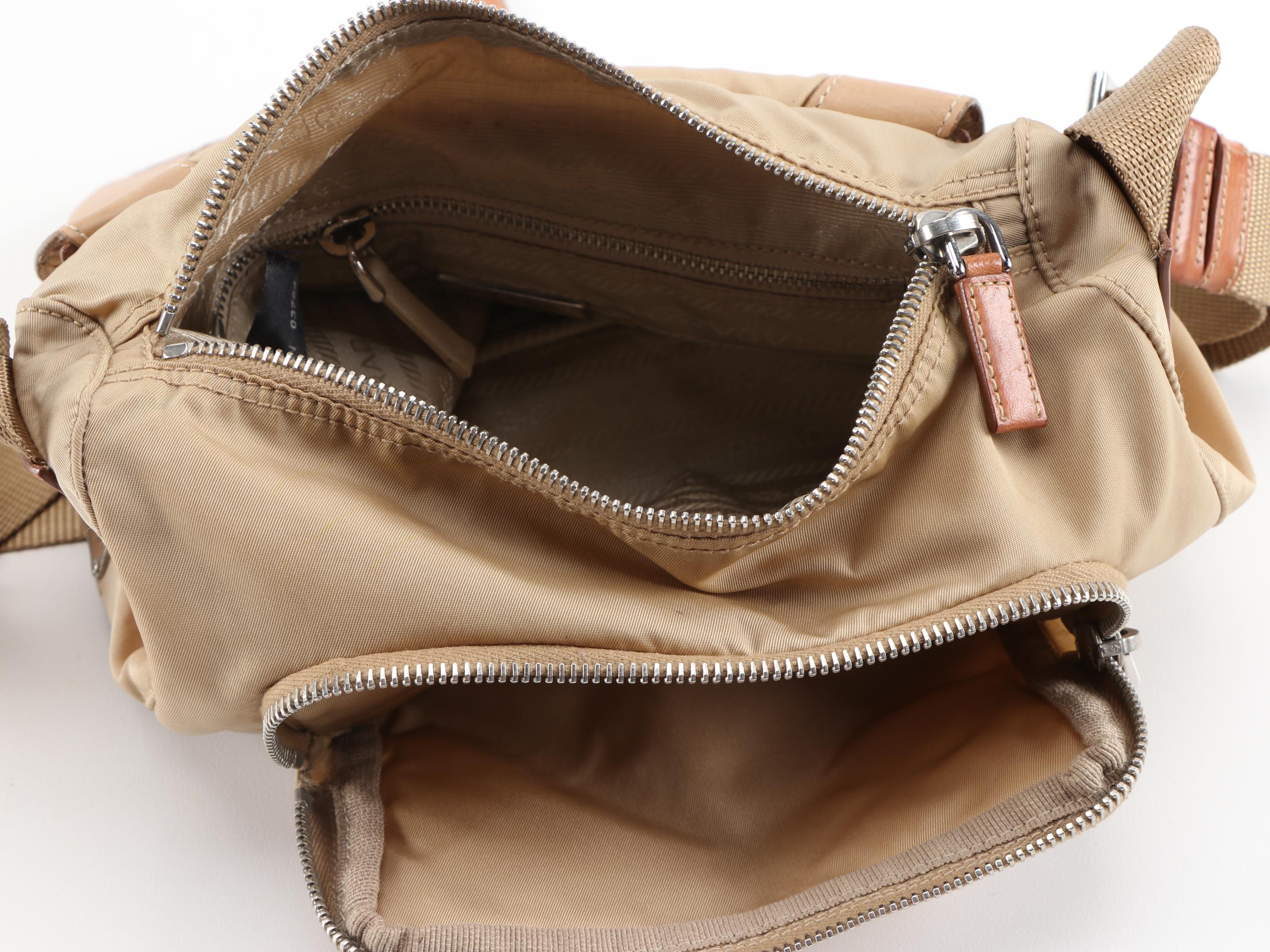 Prada Python Flap Crossbody Bag in Beige Tessuto Nylon and Tan Leather