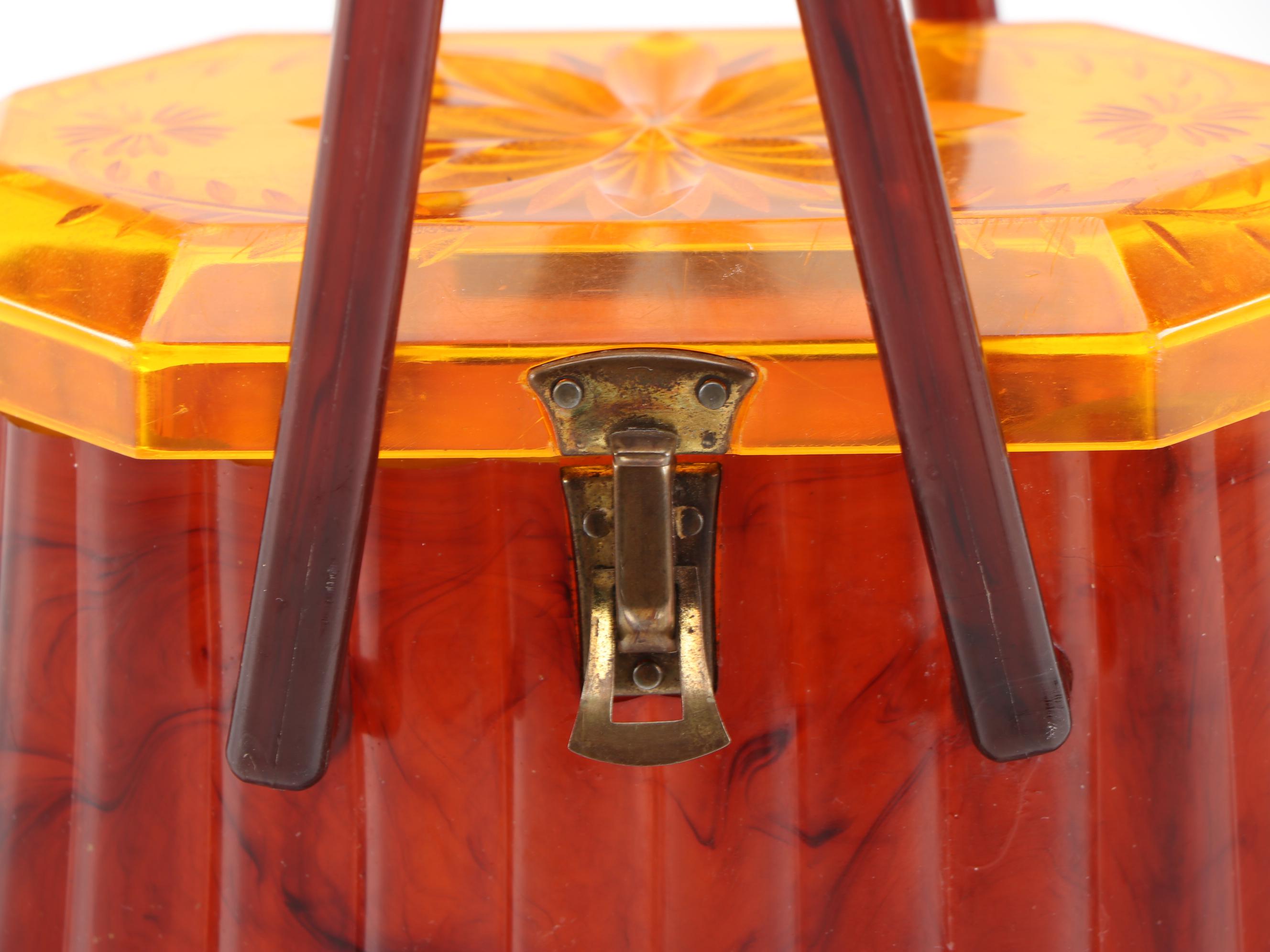 Ranhill Corp. Etched and Sculpted Amber Swirl Acetate Box Purse, 1950s Vintage