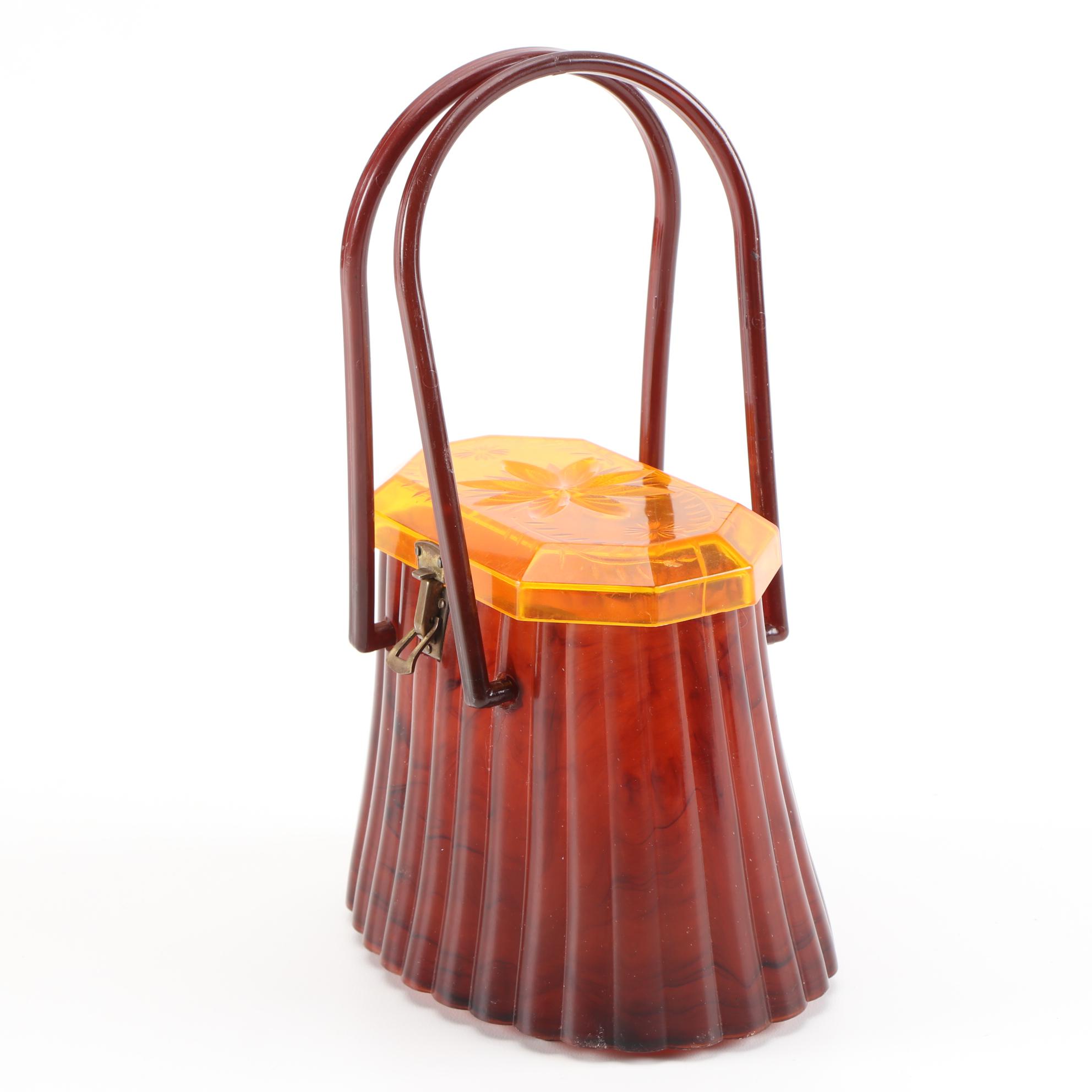 Ranhill Corp. Etched and Sculpted Amber Swirl Acetate Box Purse, 1950s Vintage