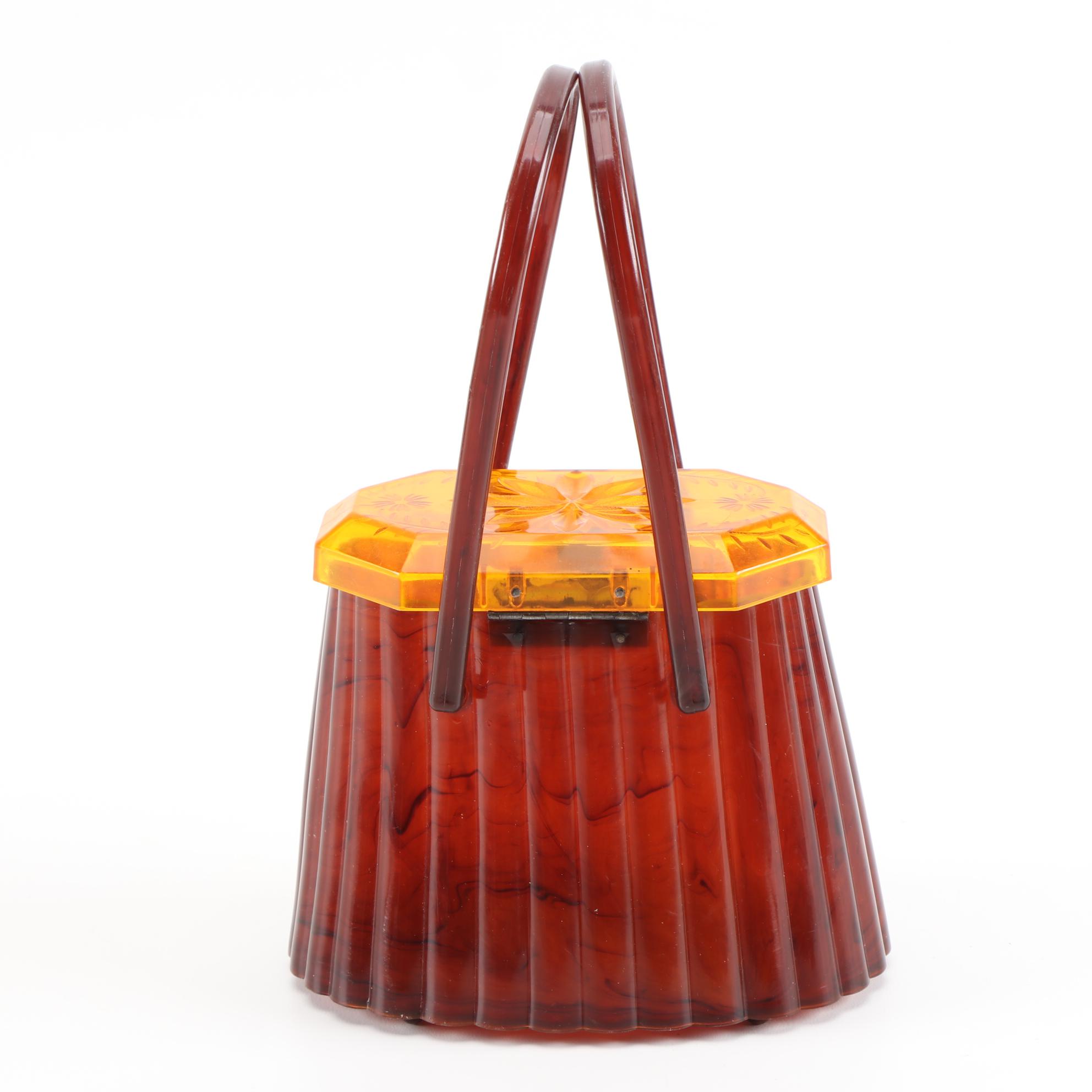 Ranhill Corp. Etched and Sculpted Amber Swirl Acetate Box Purse, 1950s Vintage