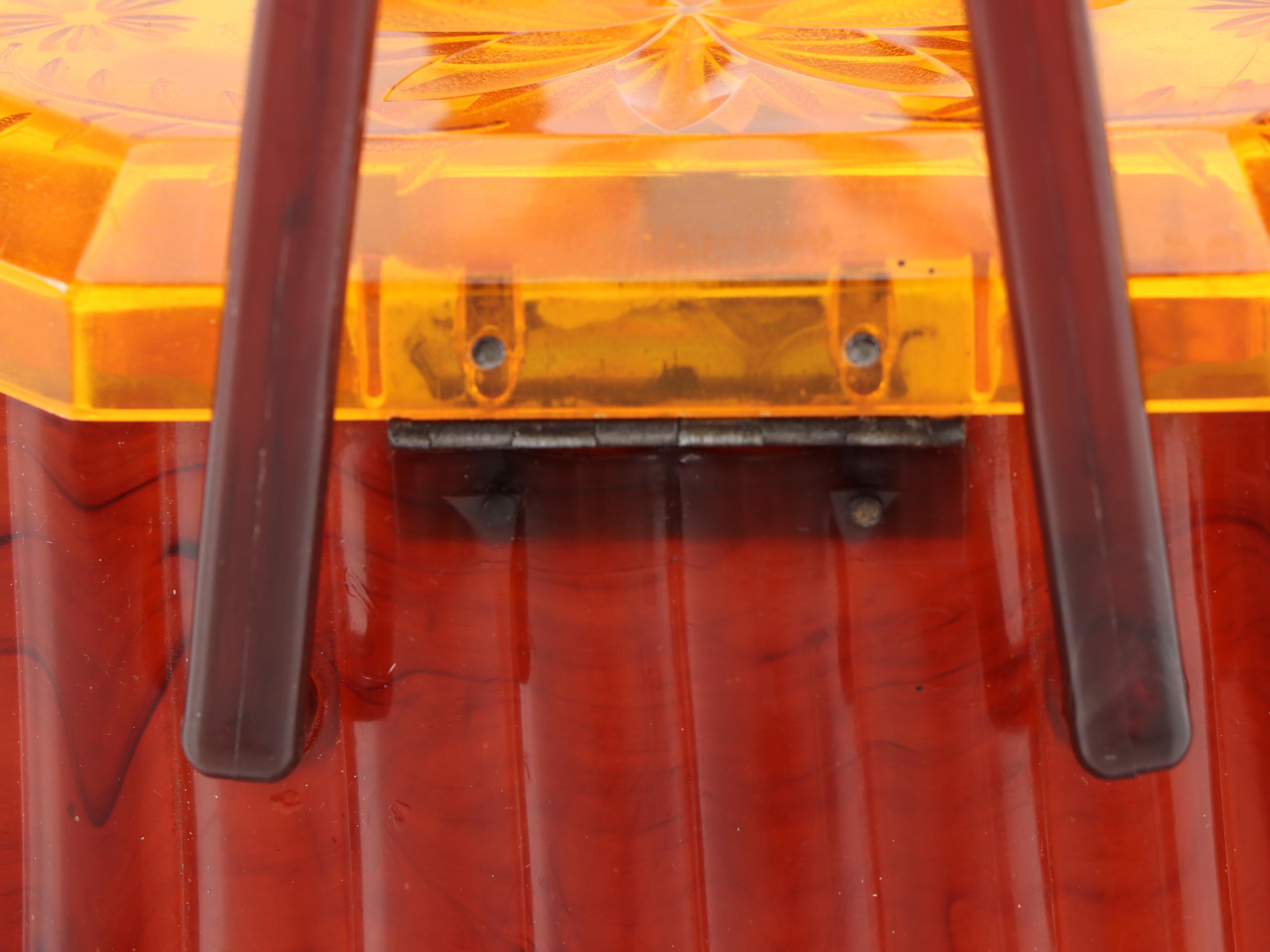 Ranhill Corp. Etched and Sculpted Amber Swirl Acetate Box Purse, 1950s Vintage