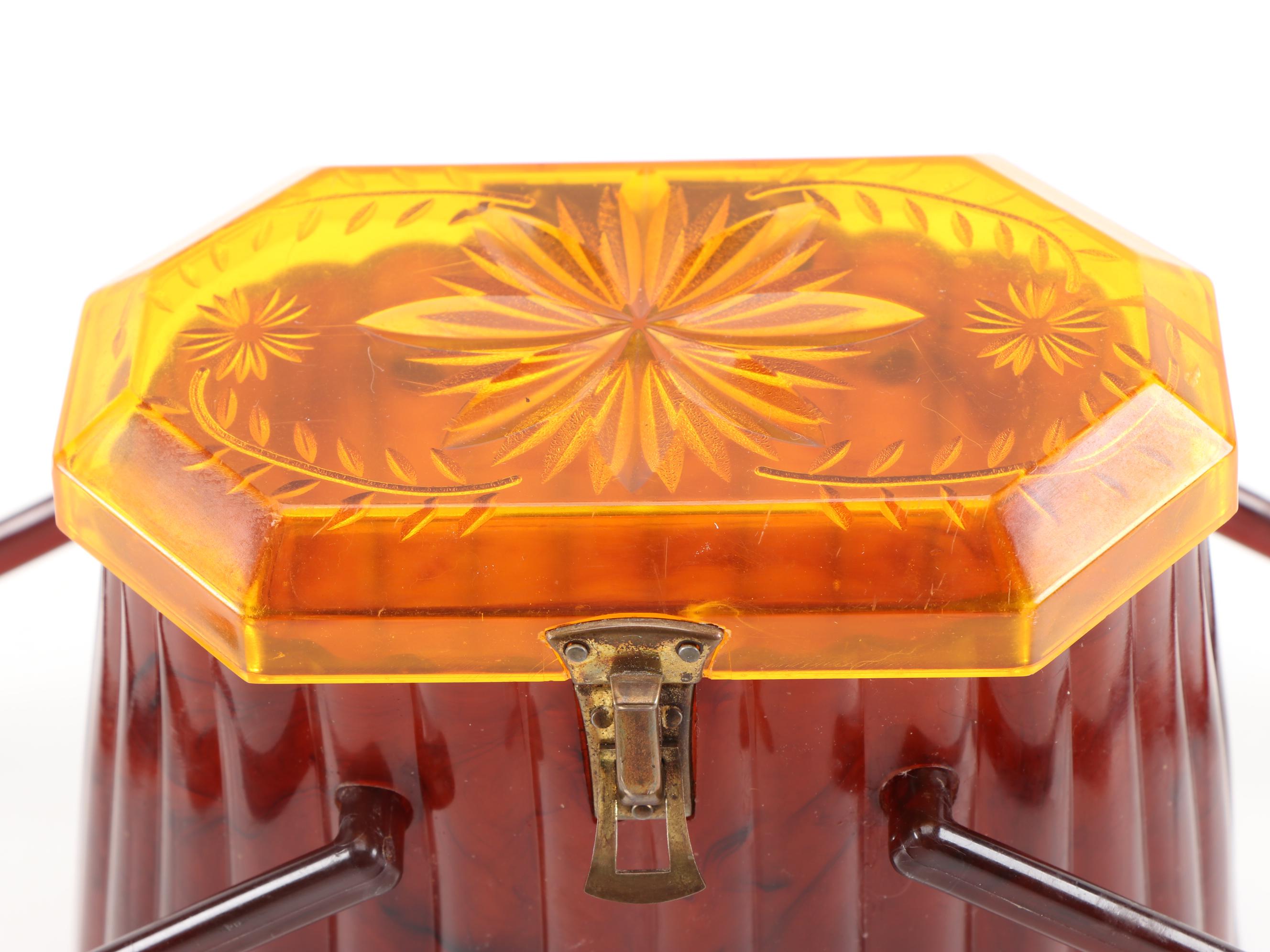Ranhill Corp. Etched and Sculpted Amber Swirl Acetate Box Purse, 1950s Vintage