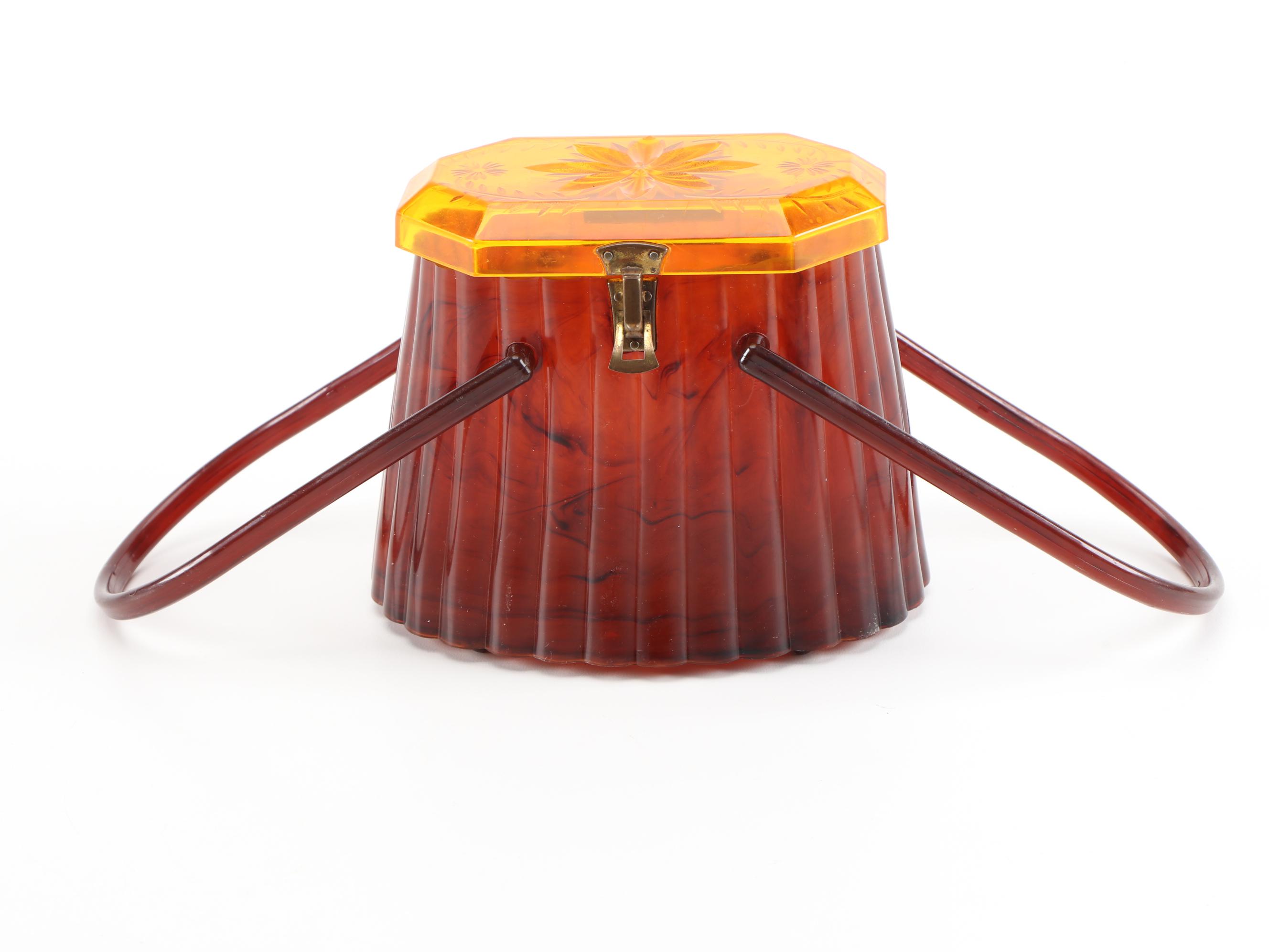 Ranhill Corp. Etched and Sculpted Amber Swirl Acetate Box Purse, 1950s Vintage